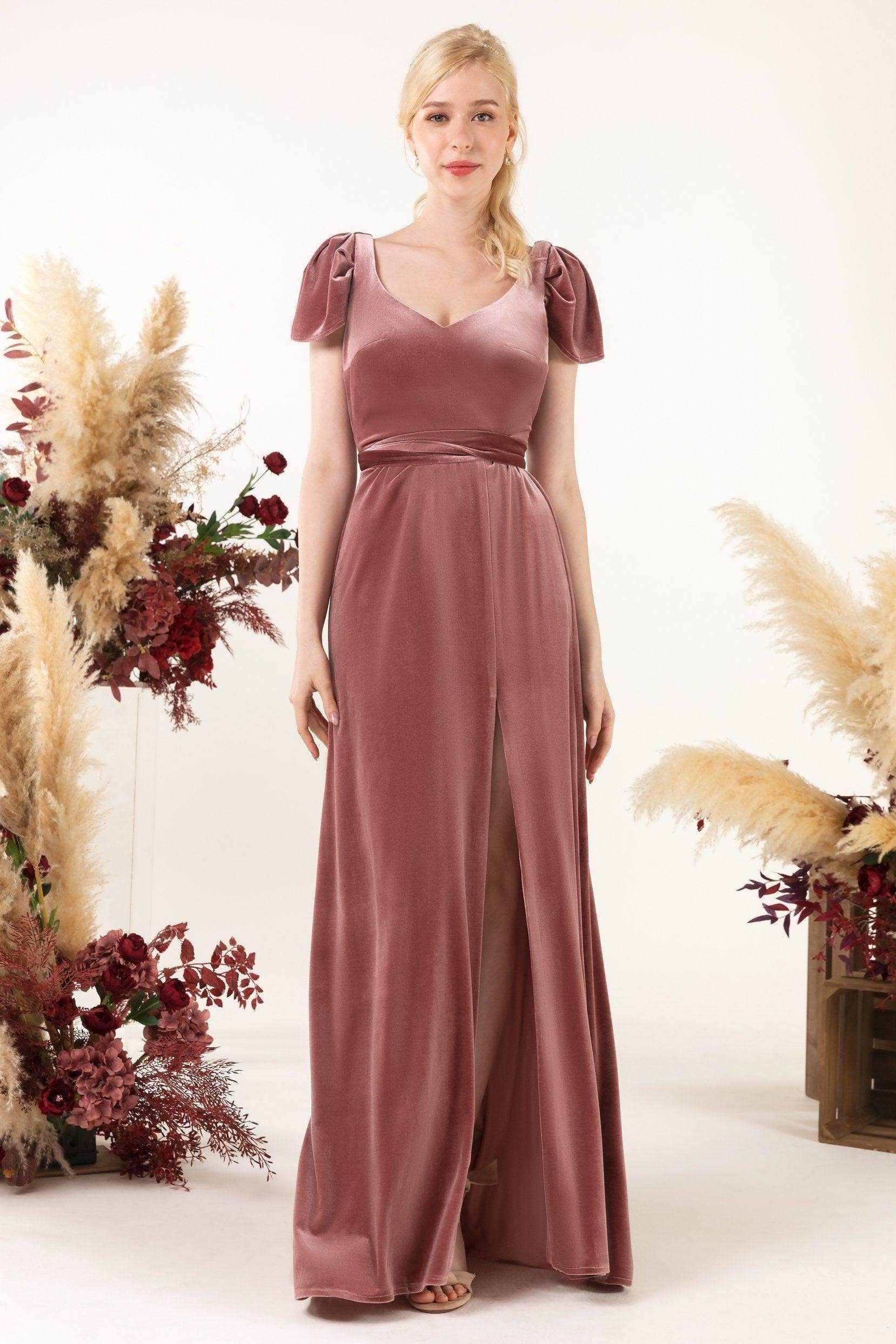 Sheath-Column Floor Length Velvet Bridesmaid Dress Formal Dresses CB0528 - COCOMELODY