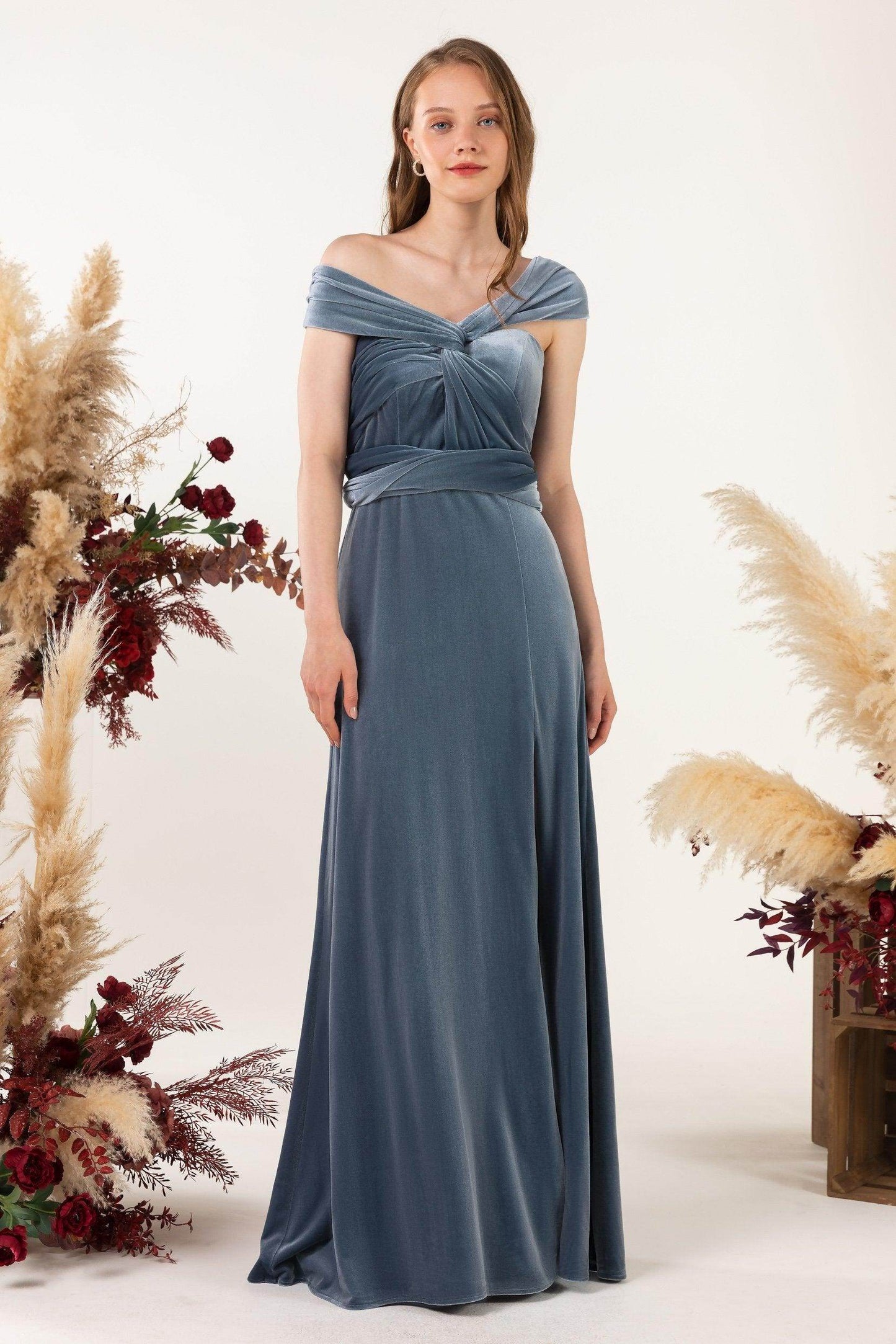 Sheath-Column Floor Length Velvet Bridesmaid Dress Formal Dresses CB0529 - COCOMELODY