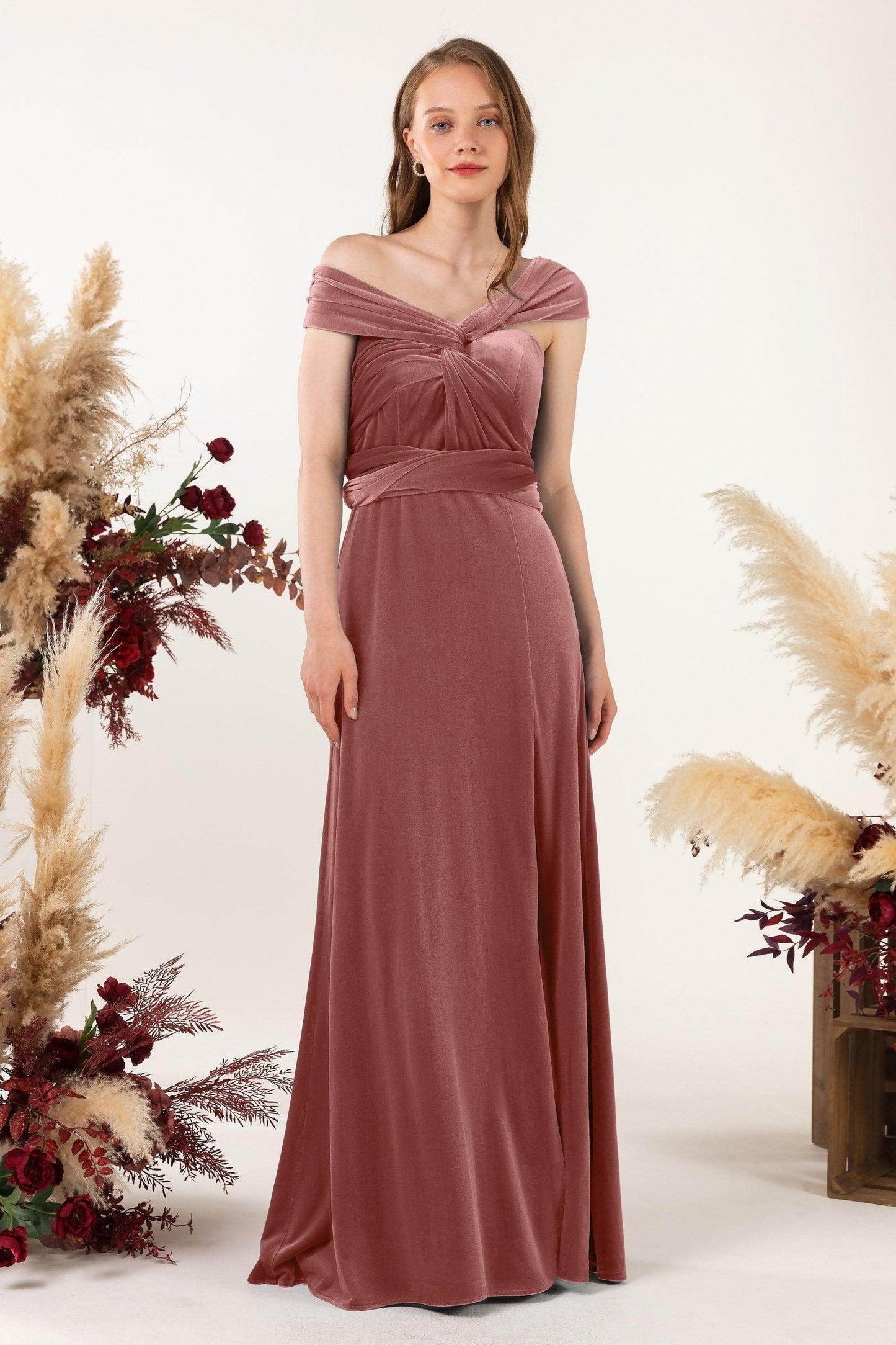 Sheath-Column Floor Length Velvet Bridesmaid Dress Formal Dresses CB0529 - COCOMELODY