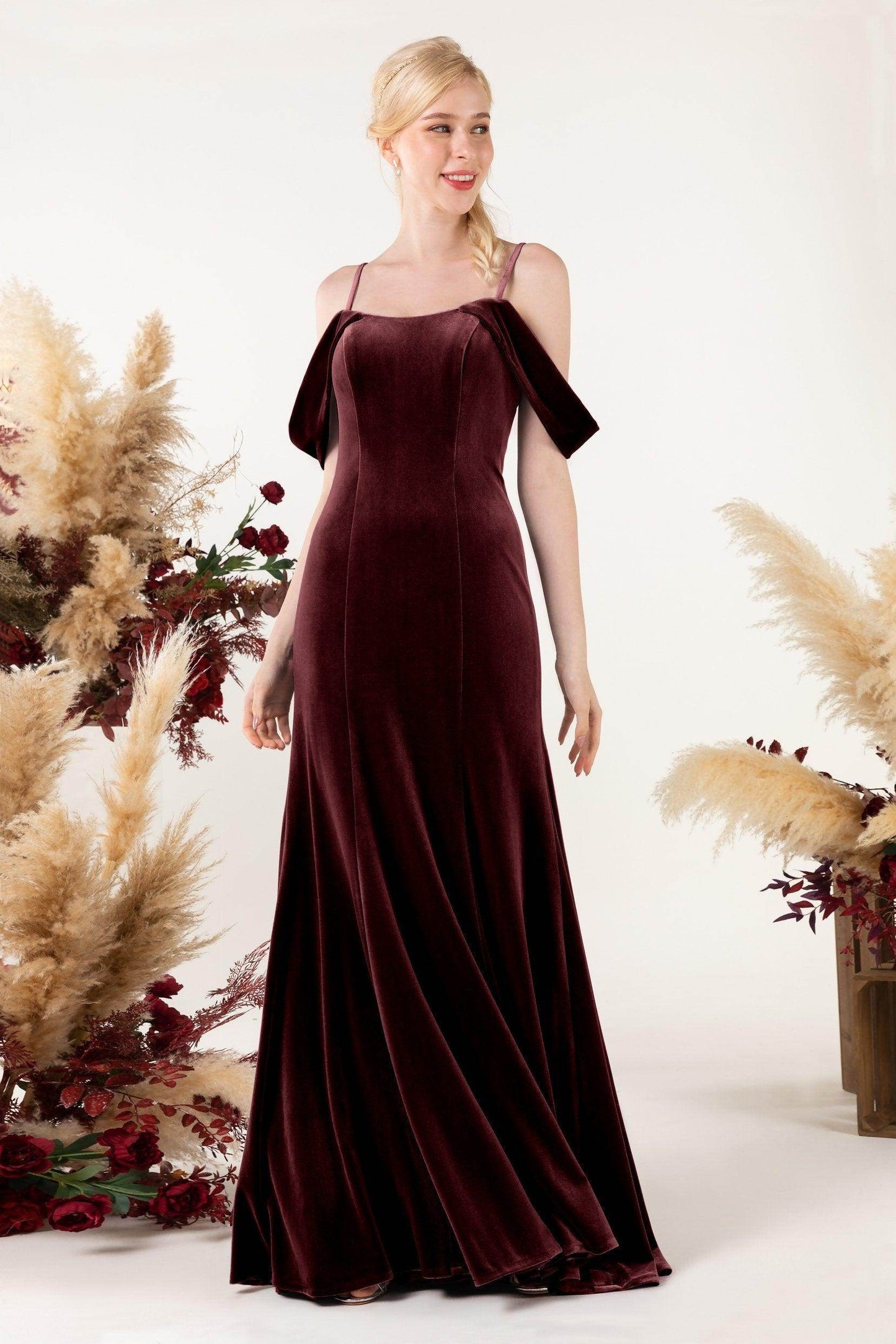 Trumpet Sweep-Brush Train Velvet Bridesmaid Dress Formal Dresses CB0531 - COCOMELODY