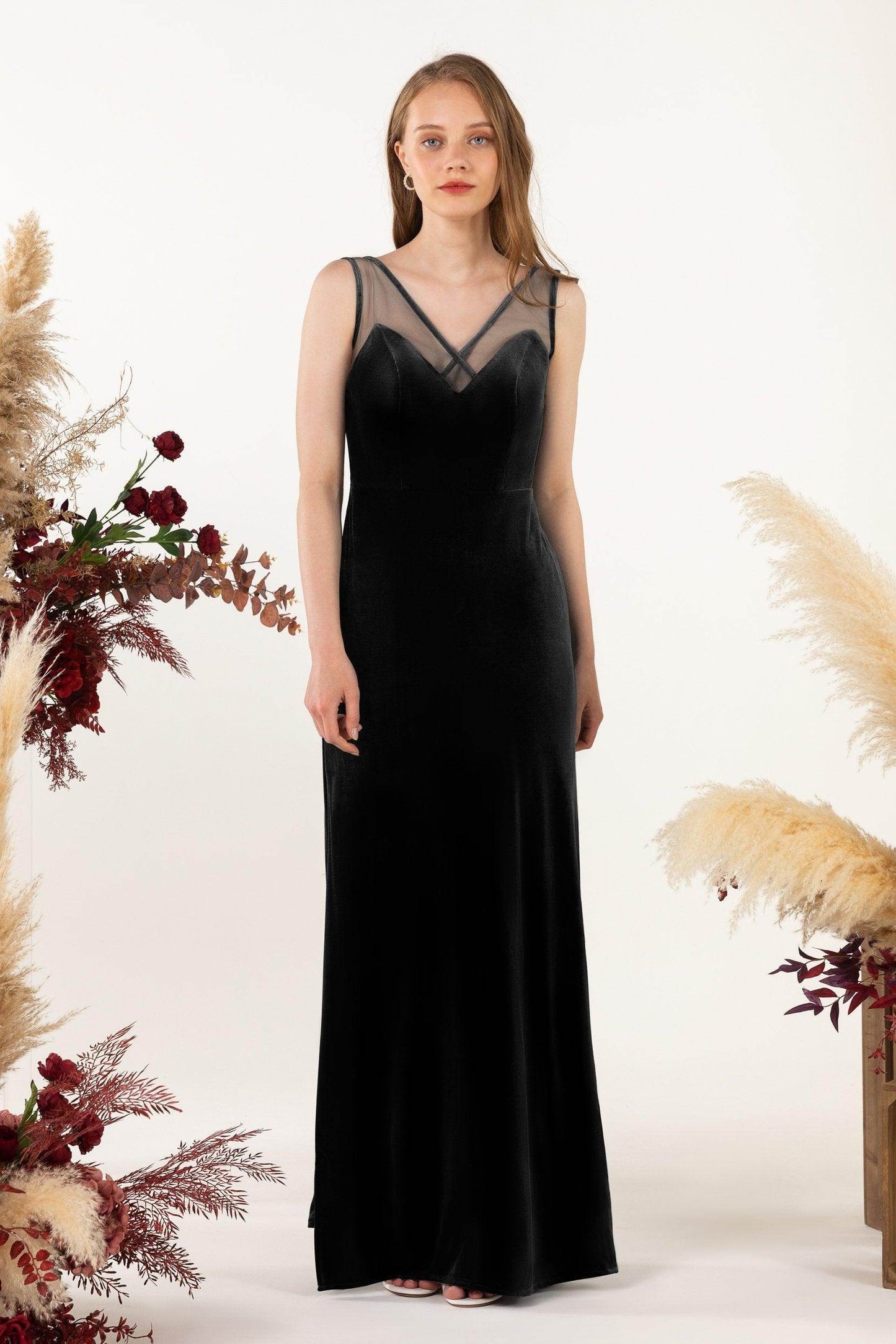 Sheath-Column Floor Length Velvet Bridesmaid Dress Formal Dresses CB0532 - COCOMELODY