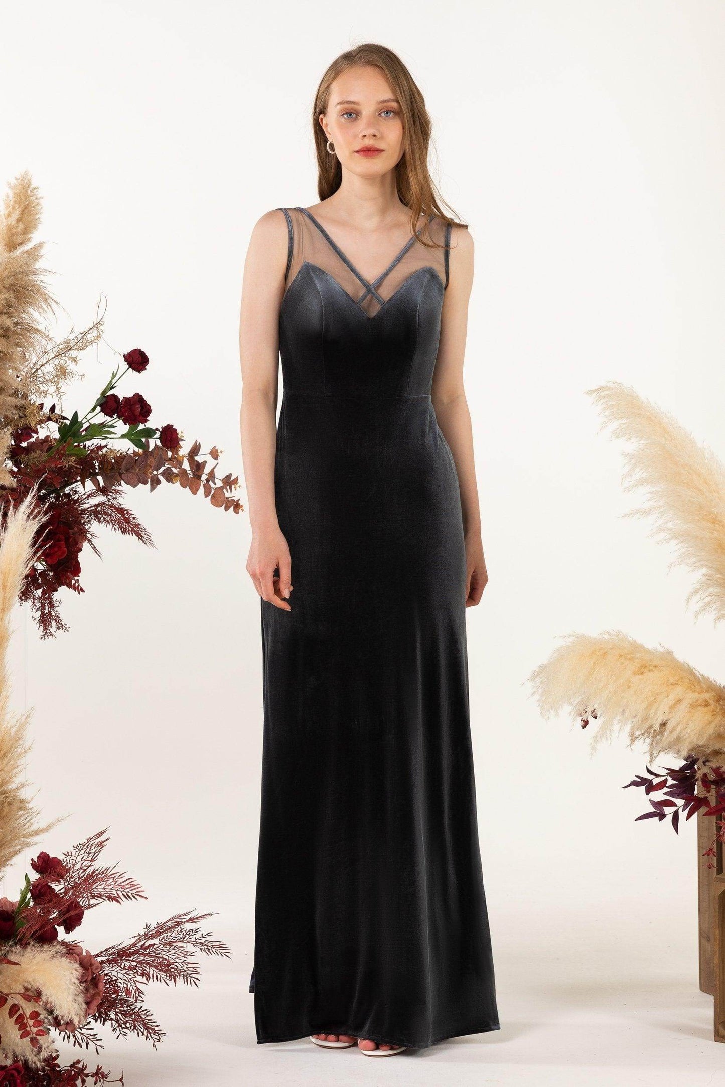 Sheath-Column Floor Length Velvet Bridesmaid Dress Formal Dresses CB0532 - COCOMELODY
