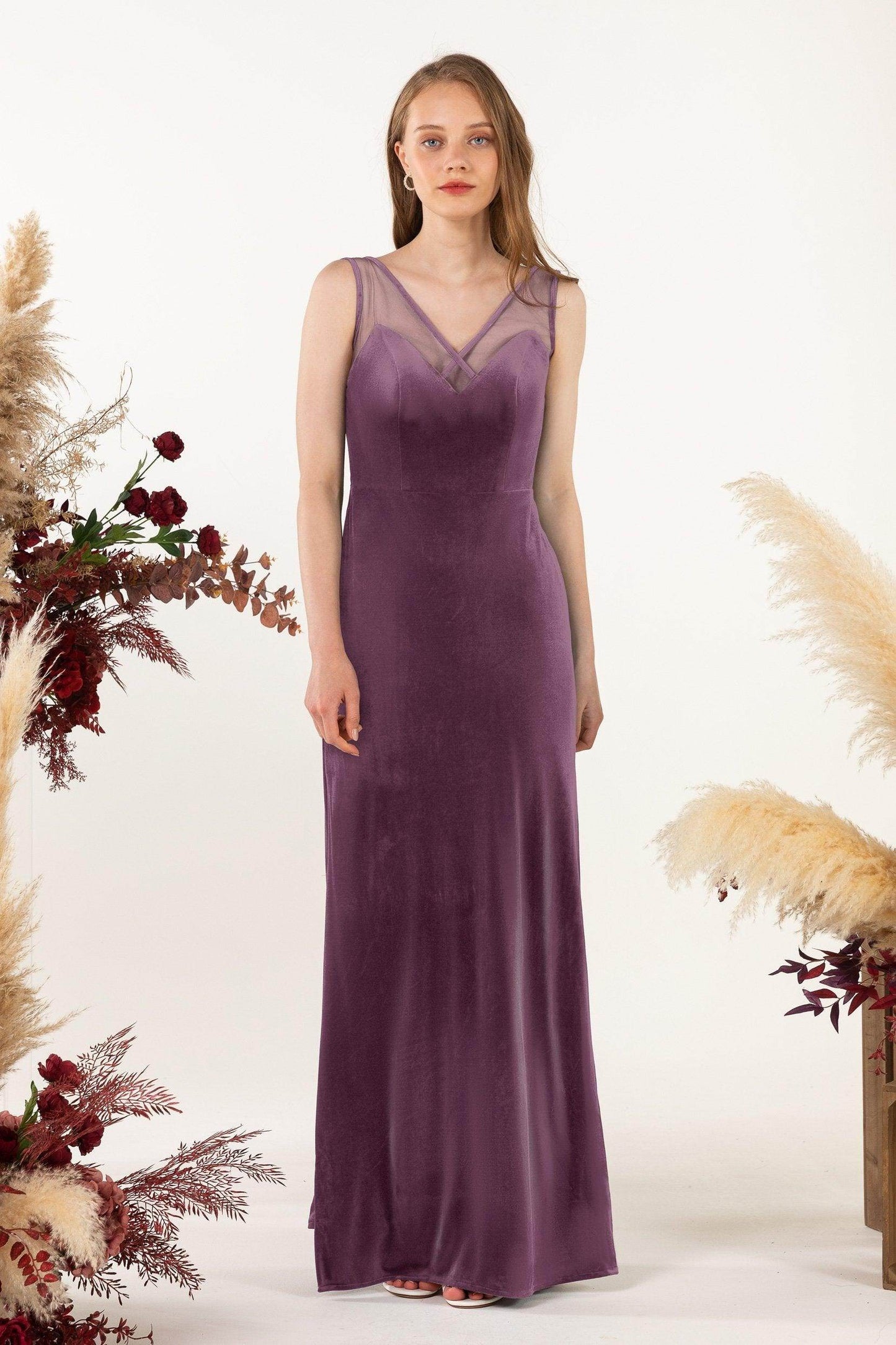 Sheath-Column Floor Length Velvet Bridesmaid Dress Formal Dresses CB0532 - COCOMELODY