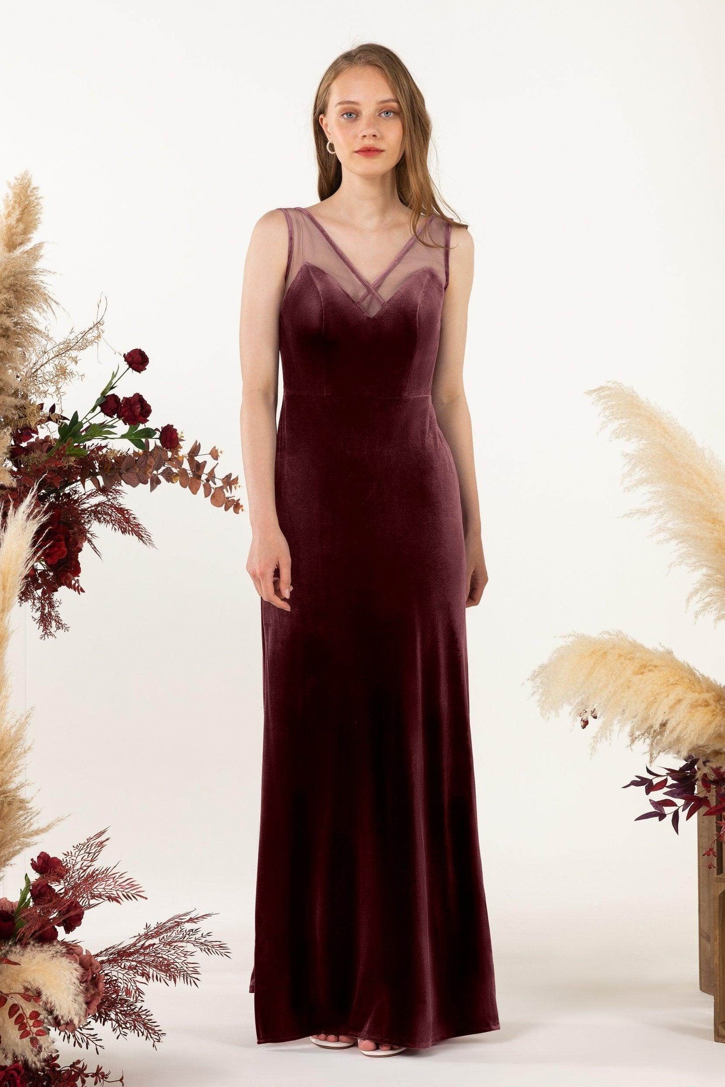 Sheath-Column Floor Length Velvet Bridesmaid Dress Formal Dresses CB0532 - COCOMELODY