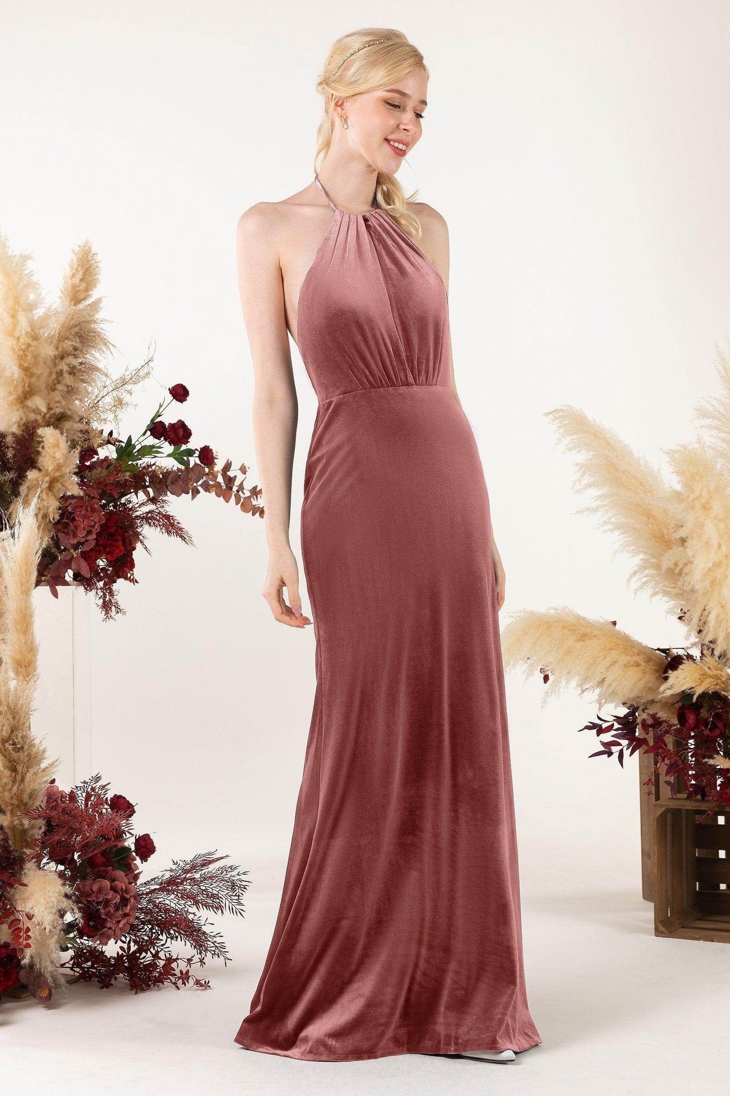 Trumpet Sweep-Brush Train Velvet Bridesmaid Dress Formal Dresses CB0534 - COCOMELODY