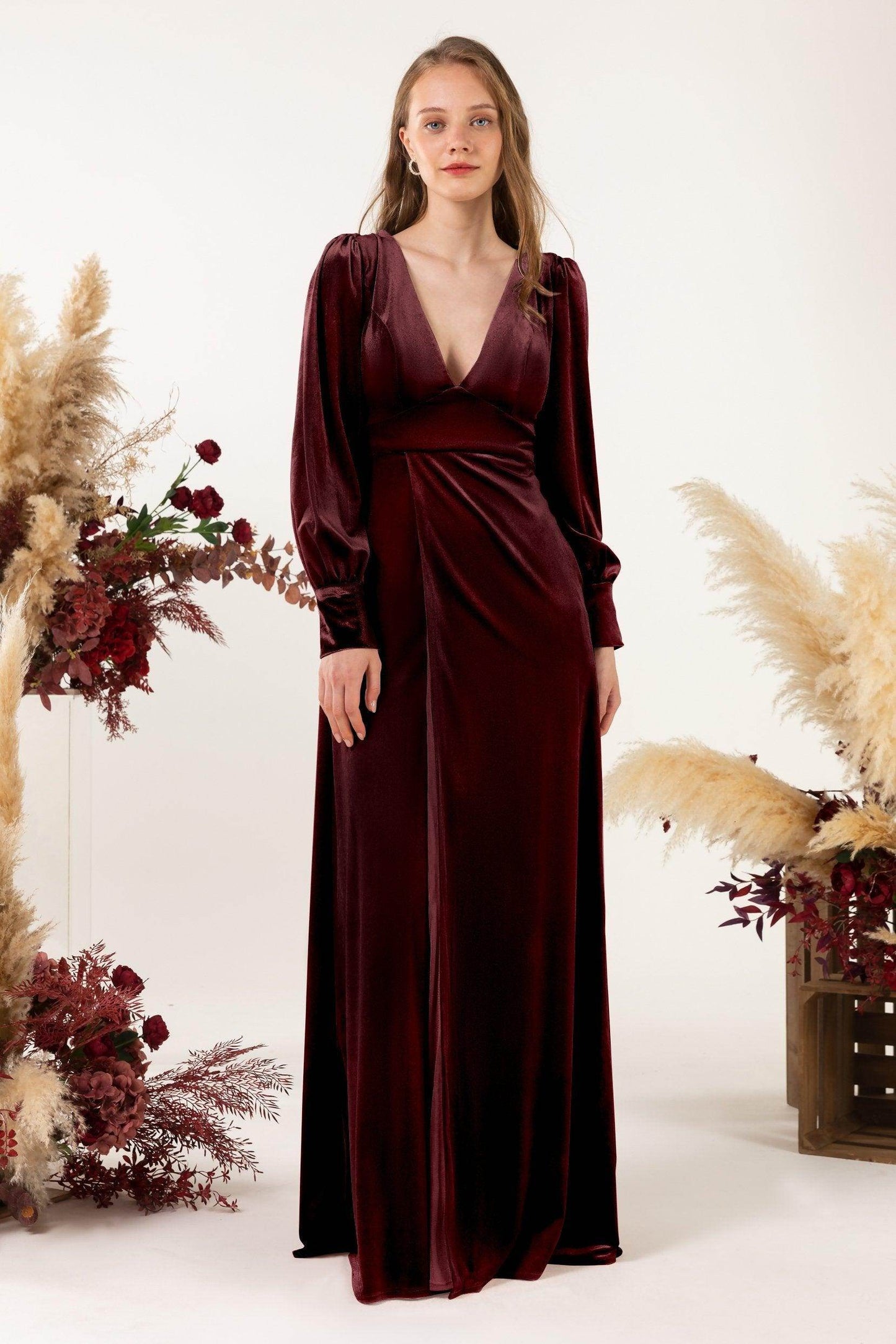 Sheath-Column Floor Length Velvet Bridesmaid Dress Formal Dresses CB0535 - COCOMELODY