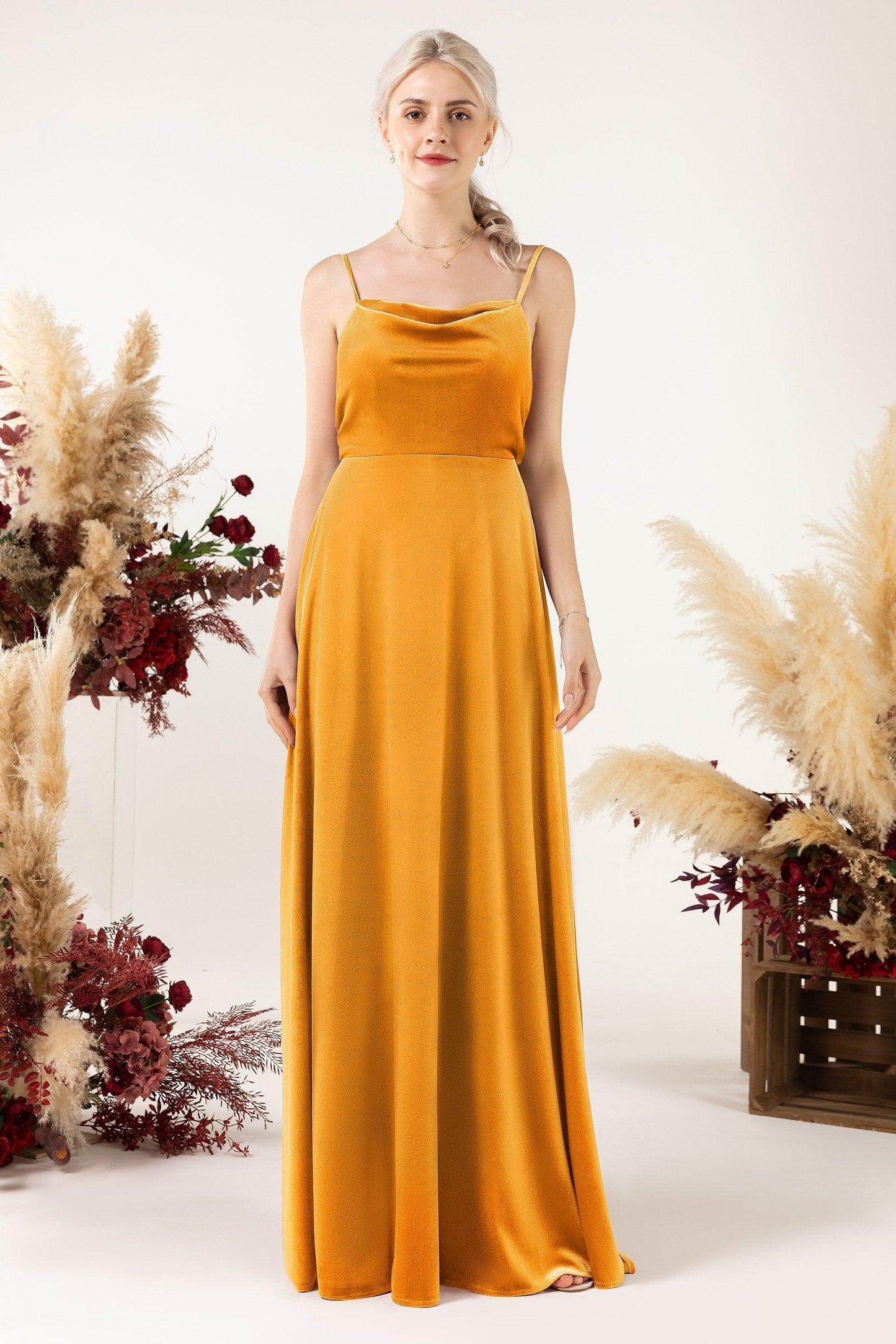 A-Line Sweep-Brush Train Velvet Bridesmaid Dress Formal Dresses CB0536 - COCOMELODY