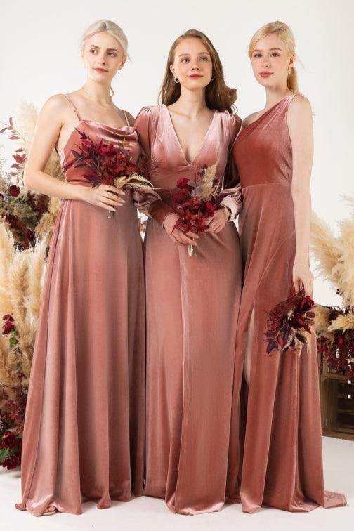 A-Line Sweep-Brush Train Velvet Bridesmaid Dress Formal Dresses CB0536 - COCOMELODY