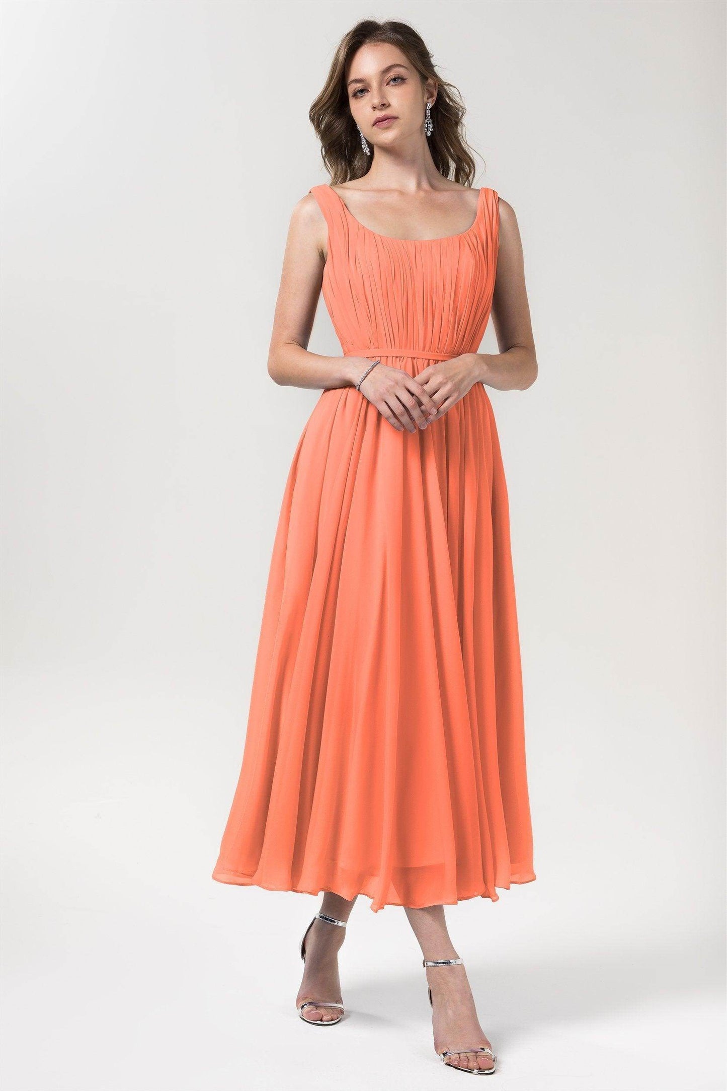 A-Line Tea Length Chiffon Bridesmaid Dress CB0555PS - COCOMELODY