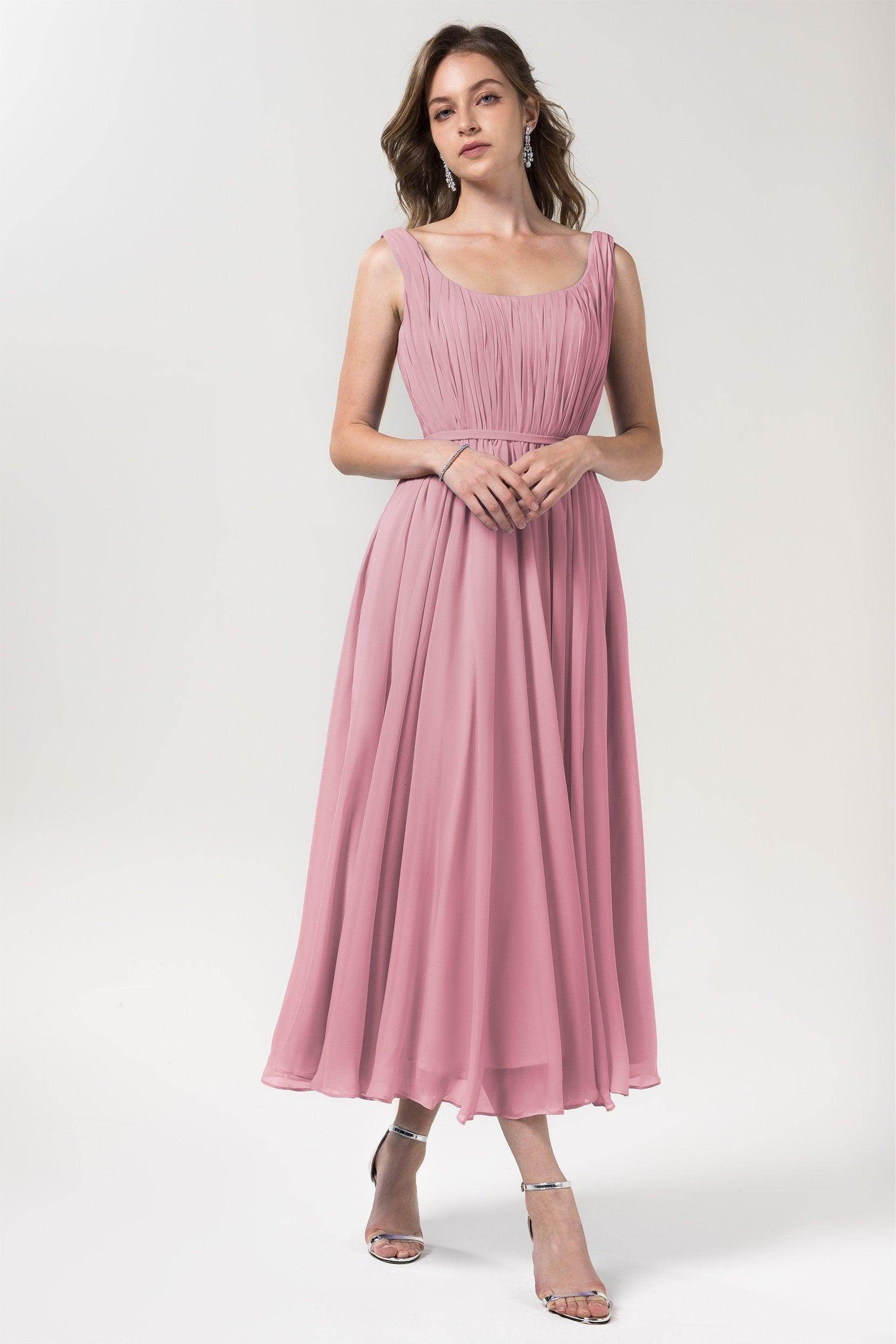 A-Line Tea Length Chiffon Bridesmaid Dress CB0555PS - COCOMELODY
