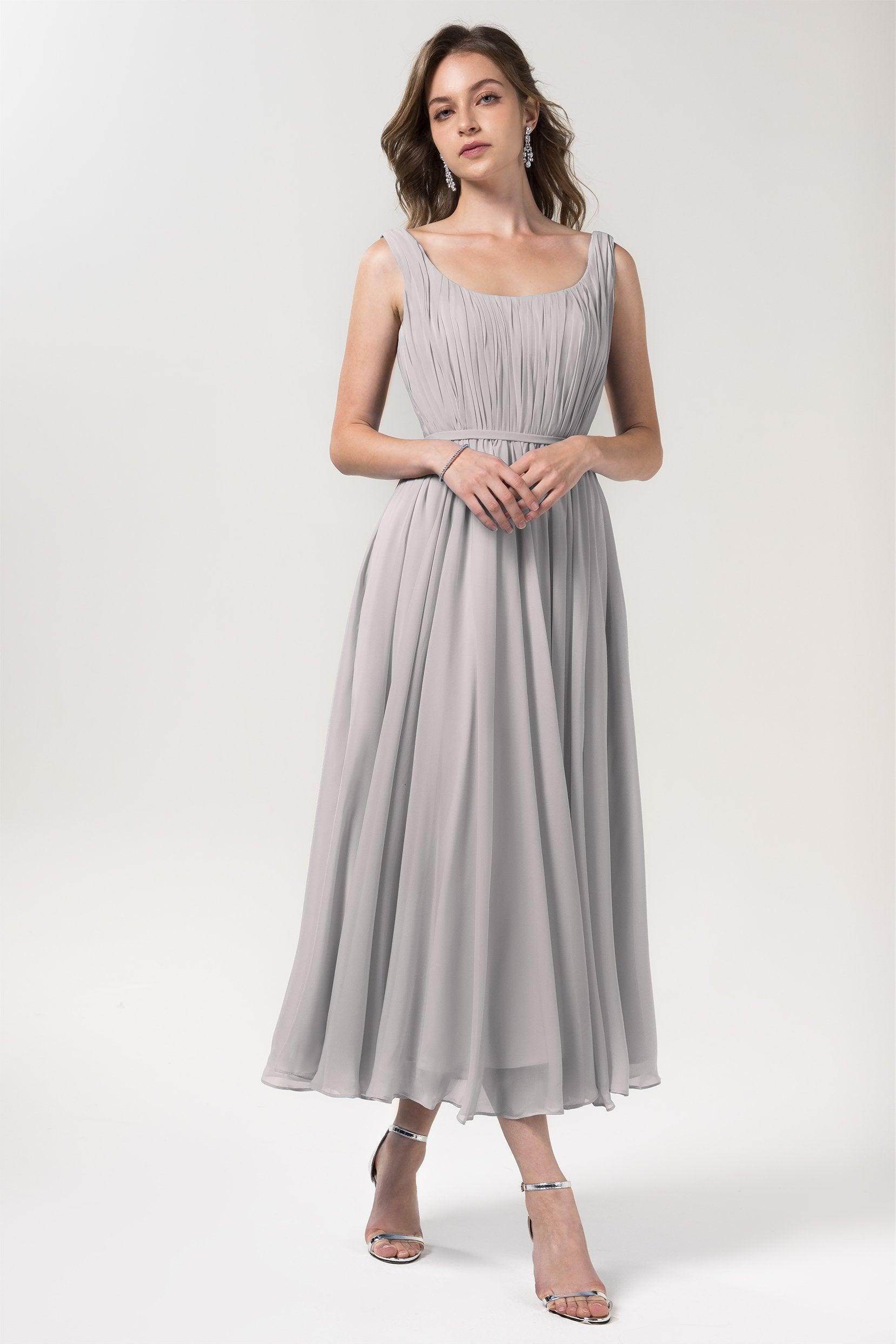 A-Line Tea Length Chiffon Bridesmaid Dress CB0555PS - COCOMELODY