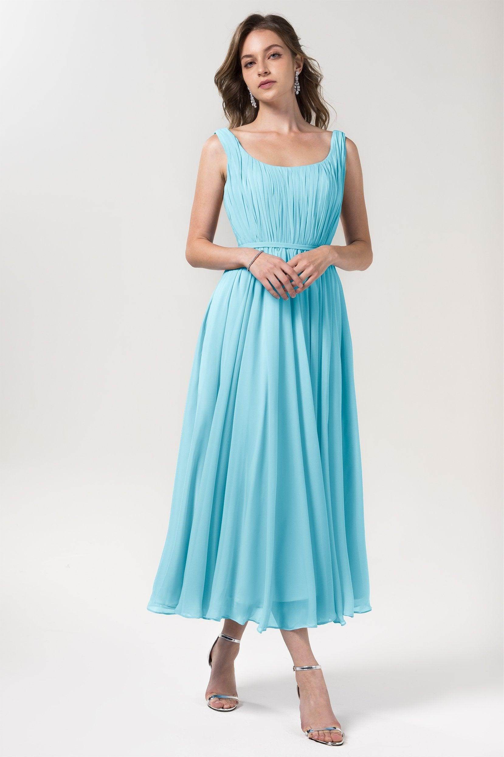 A-Line Tea Length Chiffon Bridesmaid Dress CB0555PS - COCOMELODY