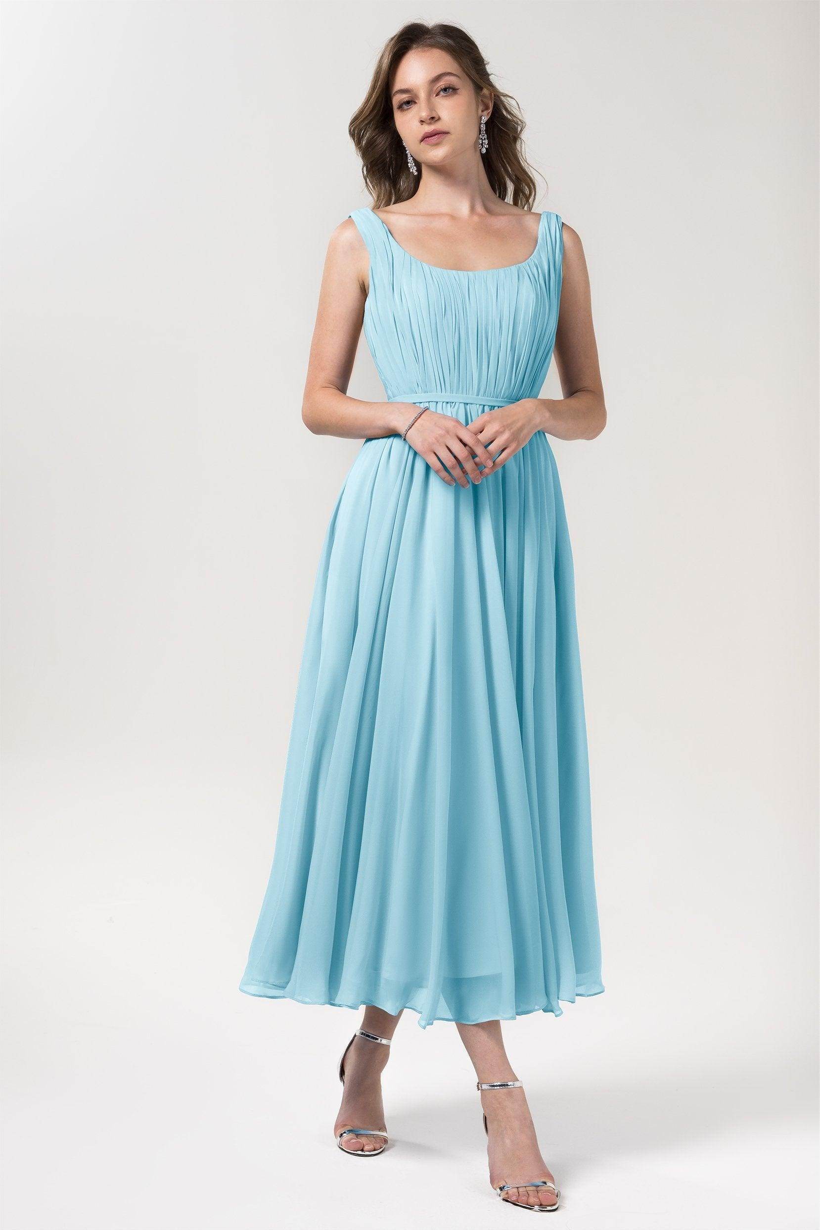 A-Line Tea Length Chiffon Bridesmaid Dress CB0555PS - COCOMELODY