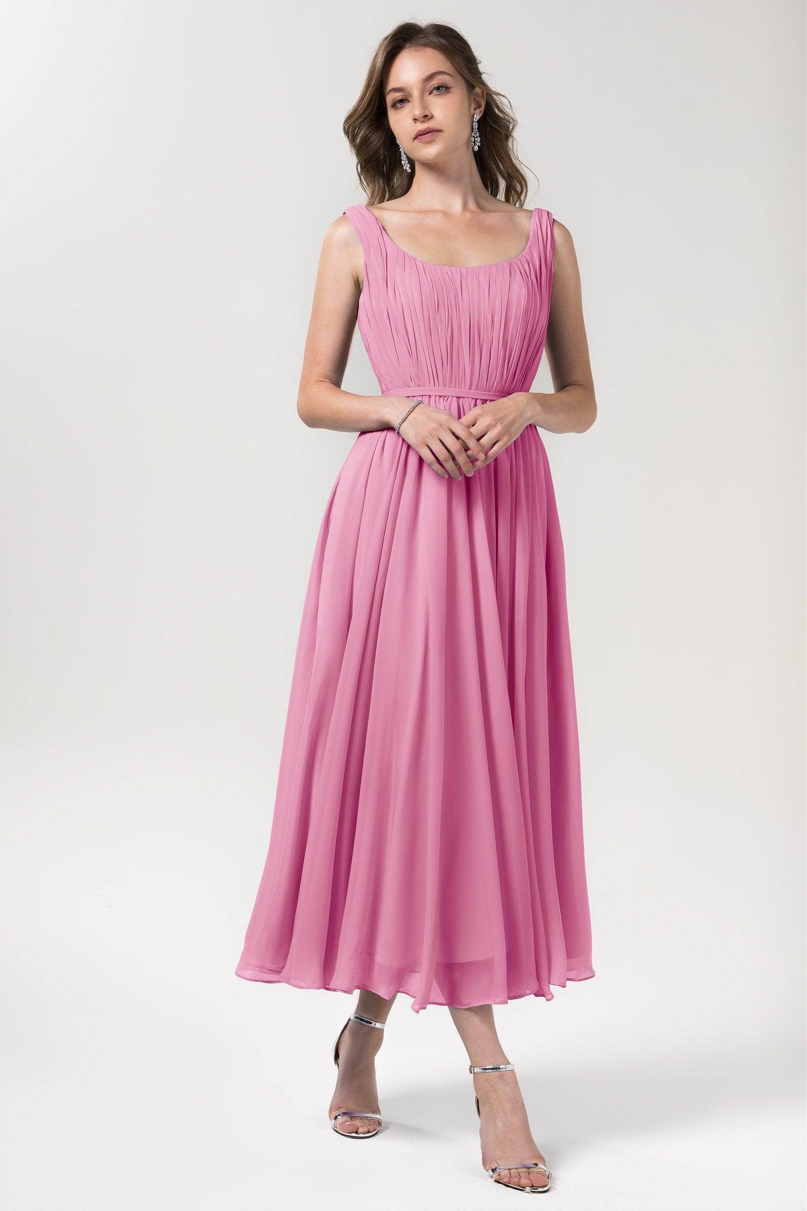A-Line Tea Length Chiffon Bridesmaid Dress CB0555PS - COCOMELODY