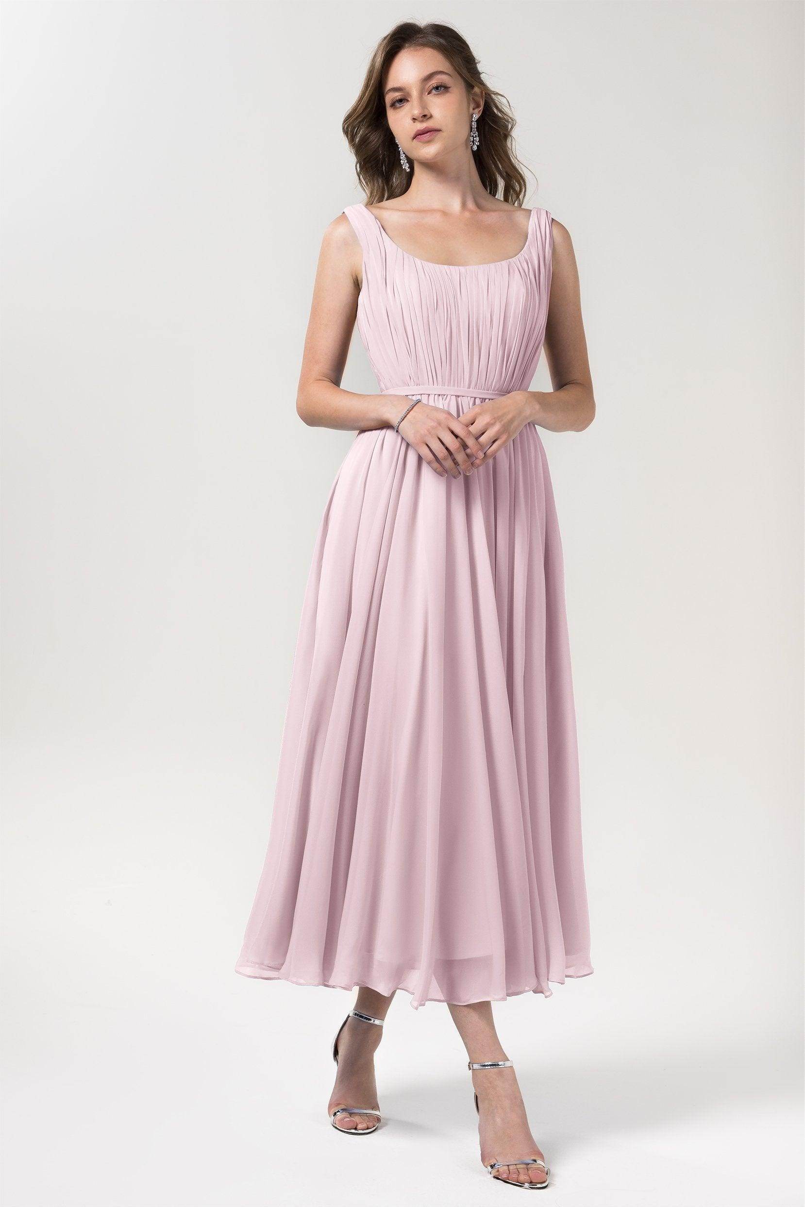 A-Line Tea Length Chiffon Bridesmaid Dress CB0555PS - COCOMELODY