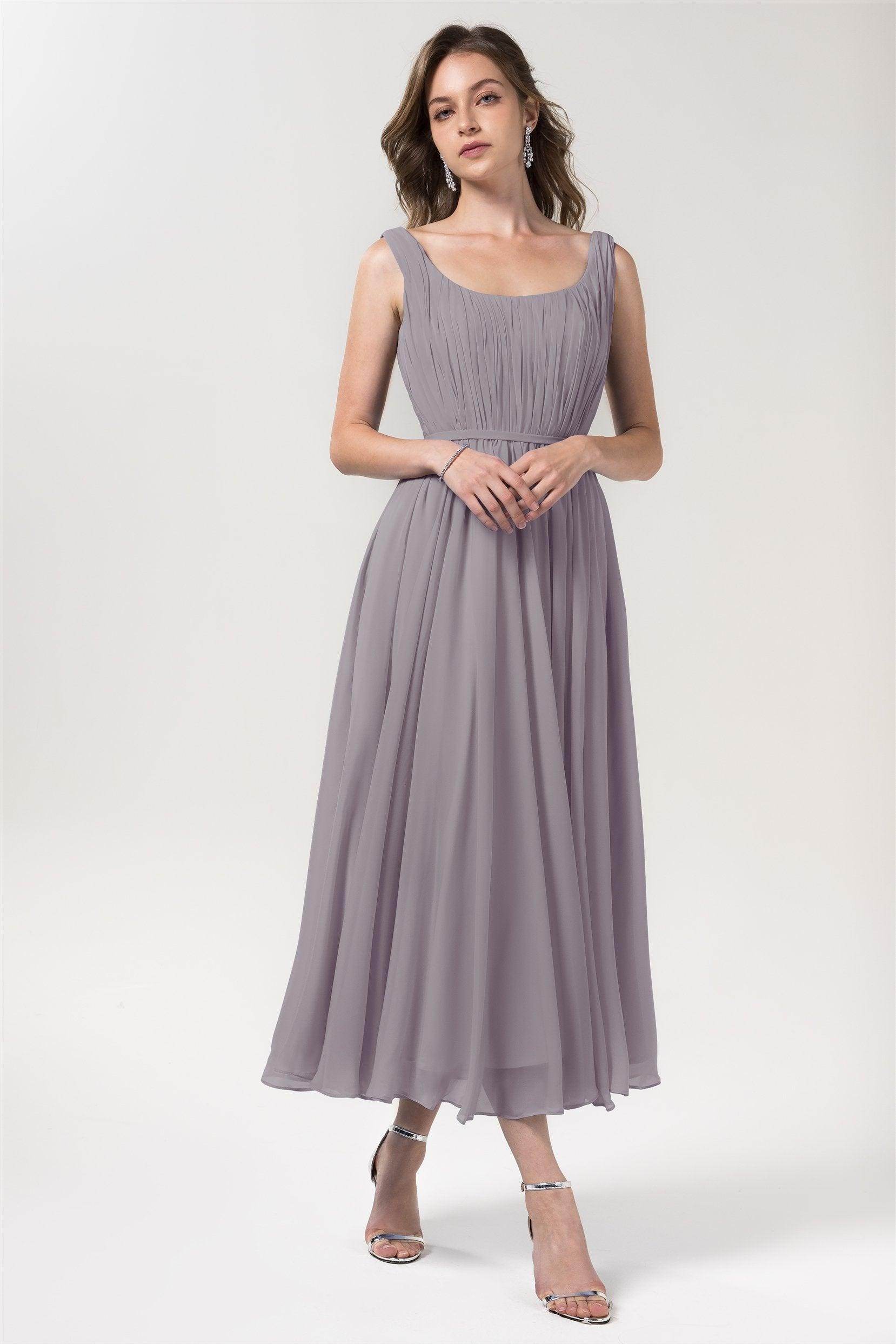 A-Line Tea Length Chiffon Bridesmaid Dress CB0555PS - COCOMELODY