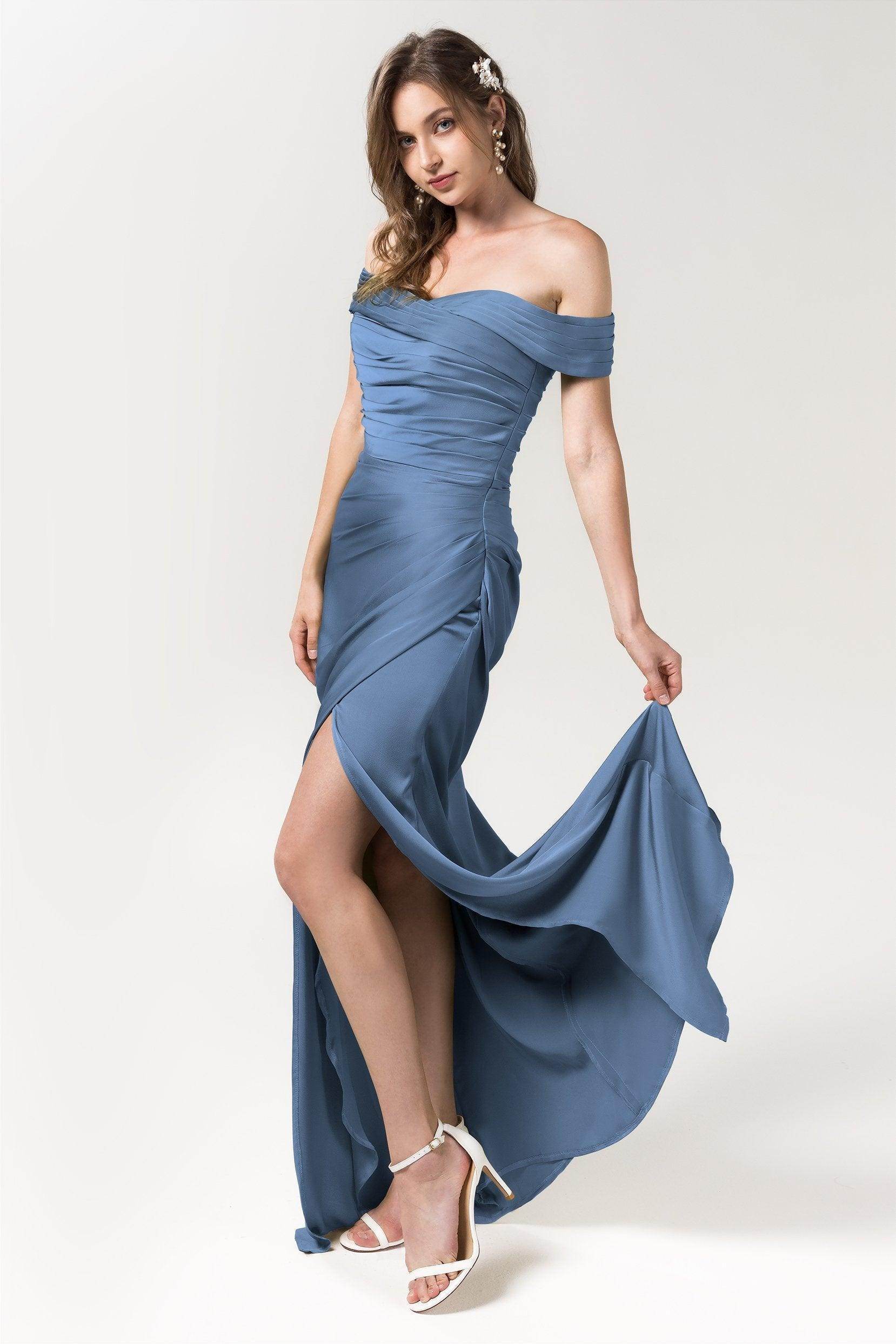Sheath-Column Dress in Luxe Satin with pleating and split CB0580CR Sheath-Column Dress in Luxe Satin with pleating and split CB0580CR