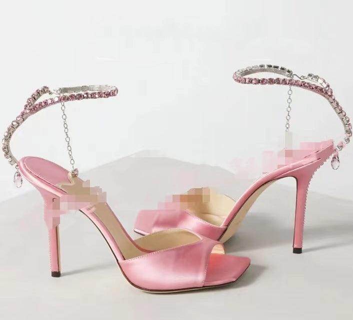 Glitter and Rhinestone Ankle Strap Square Stiletto Heels 695399992506 - COCOMELODY