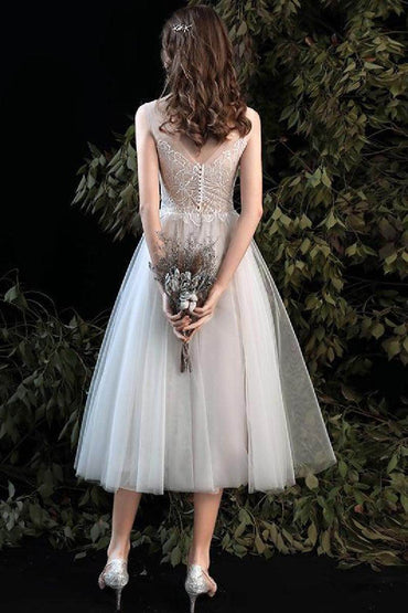 A-Line Tea Length Lace Tulle Wedding Dress 679197245061 - COCOMELODY