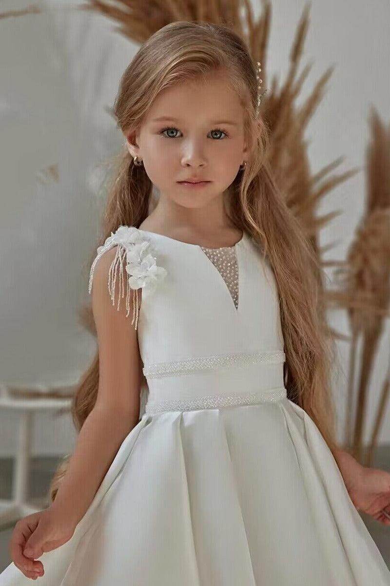 A-Line Scoop Neck Sleeveless Satin Court Train Flower Girl Dresses 738005217304 - COCOMELODY