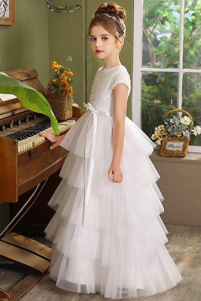 Ball-Gown Jewel Tulle/Sequined Maxi Flower Girl Dresses With Ruffle 820077667678 - COCOMELODY