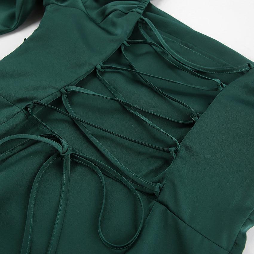 Square collar puffy sleeve cocktail dress 753485229390 - 7 Days / Green / S - COCOMELODY
