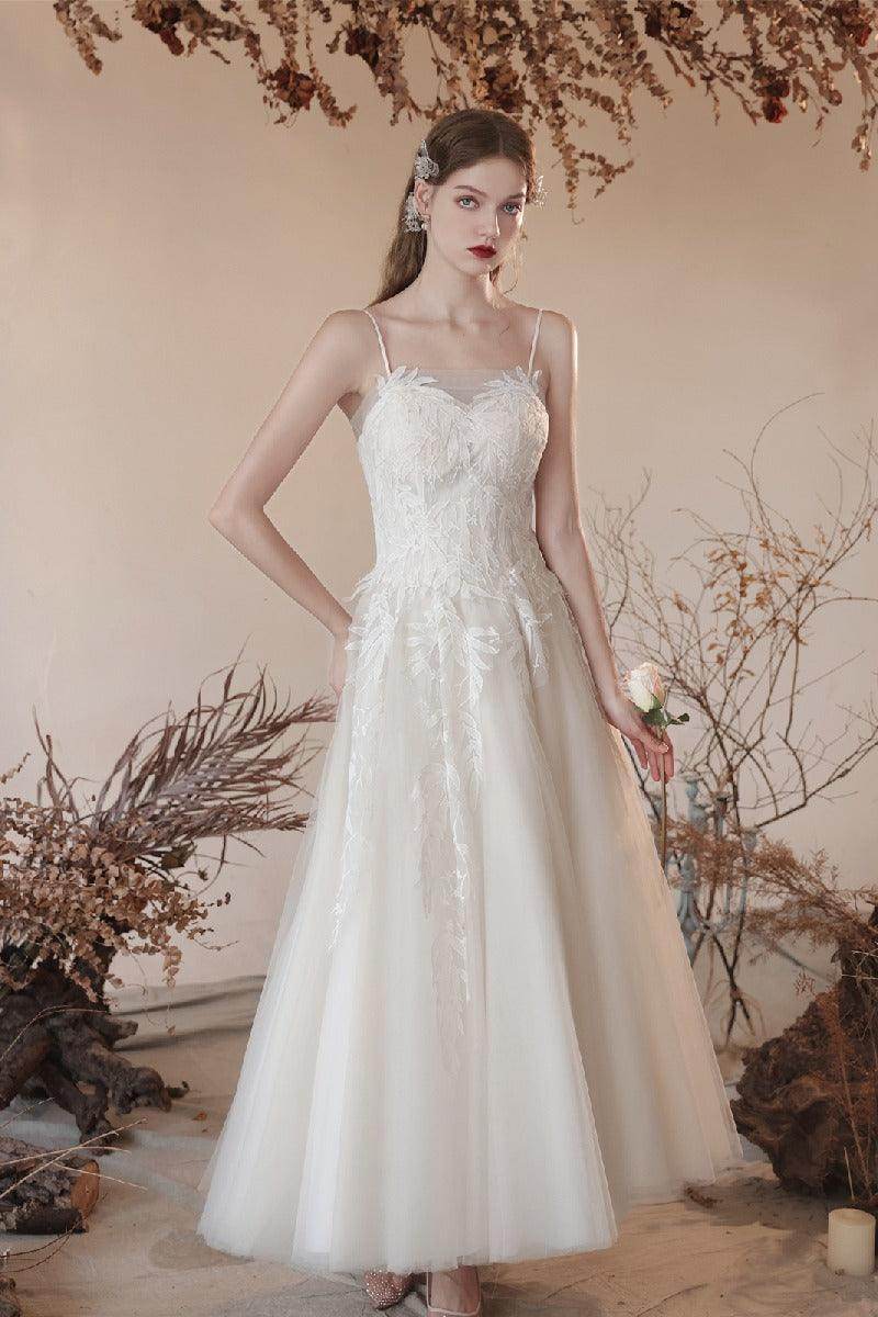 A-Line Ankle Length Lace Tulle Wedding Dress 820734030790 - COCOMELODY