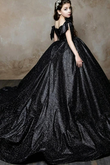 A-Line Off-Shoulder Glitter Satin Bow Shoulder Flower Girl Dresses 692491041797 - 10 Days / Black / 2 - COCOMELODY