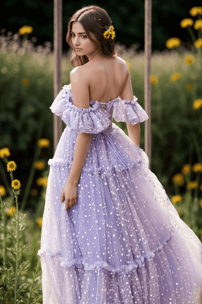 A-Line Floor Length Dot Tulle Prom Dress CS0473 - Lilac - COCOMELODY