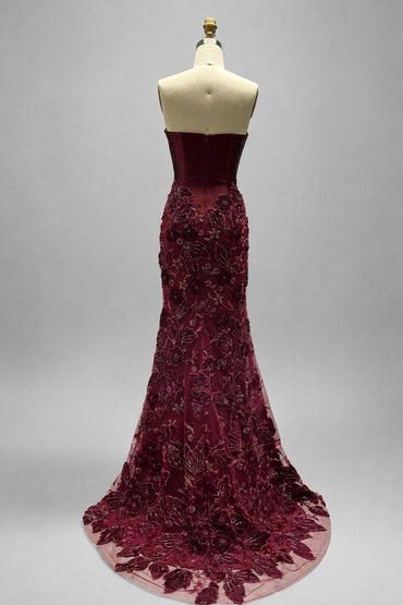 Trumpet-Mermaid Sweep-Brush Train Stretch Satin Mother of the Bride Dress CM0466 - Burgundy - COCOMELODY