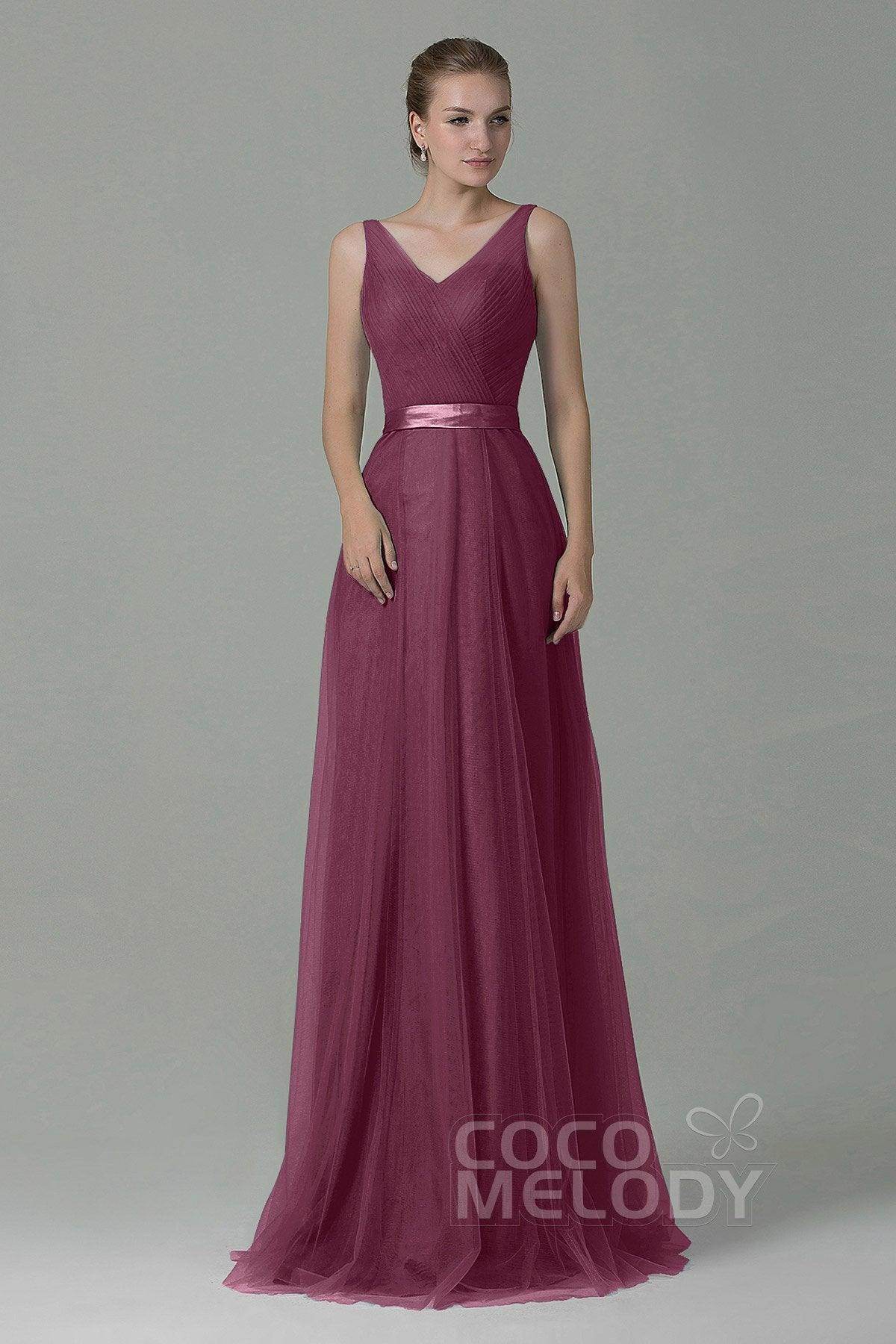 Sheath-Column Floor Length Tulle Bridesmaid Dress COZF1500F - COCOMELODY