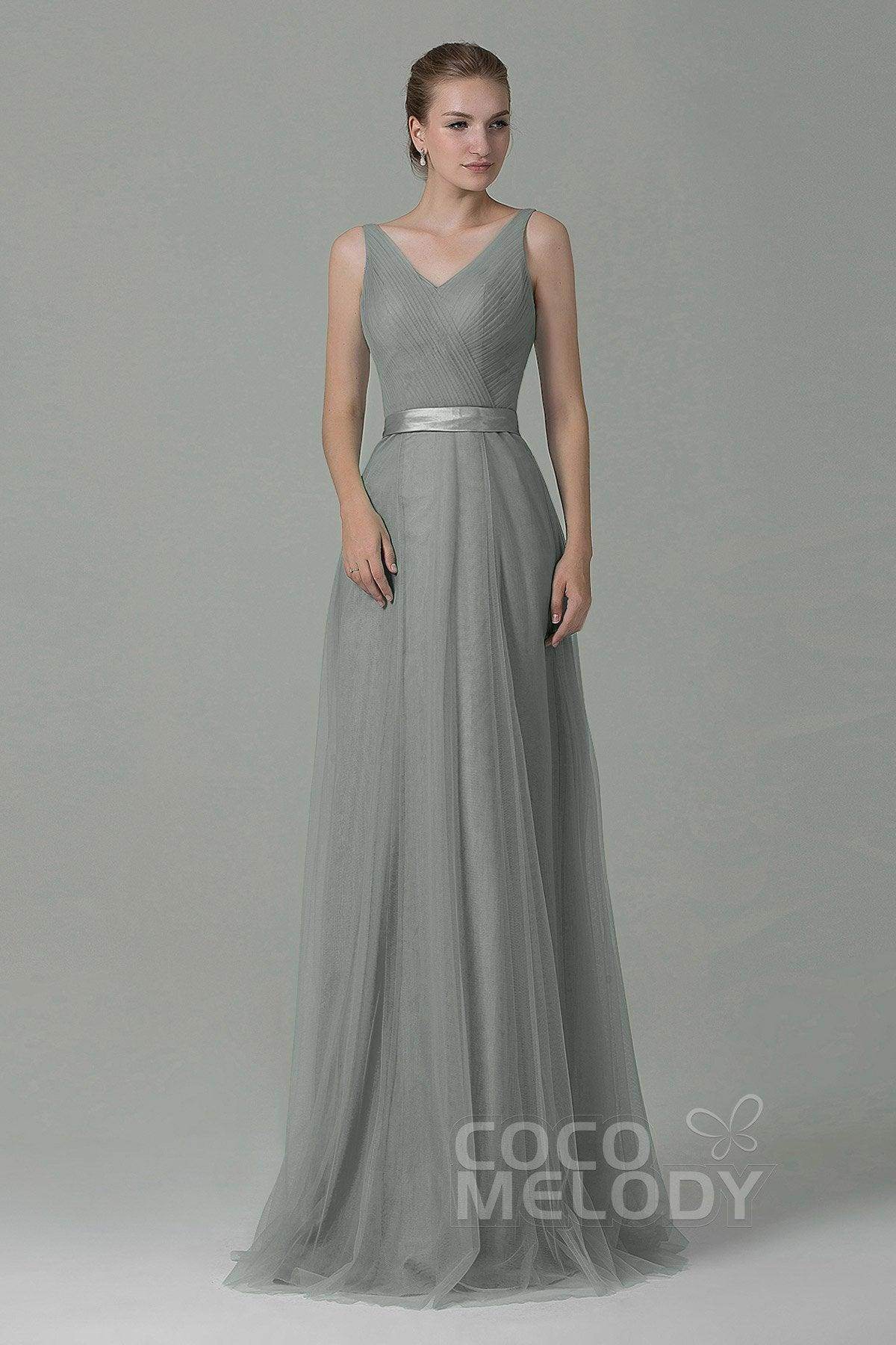 Sheath-Column Floor Length Tulle Bridesmaid Dress COZF1500F - COCOMELODY