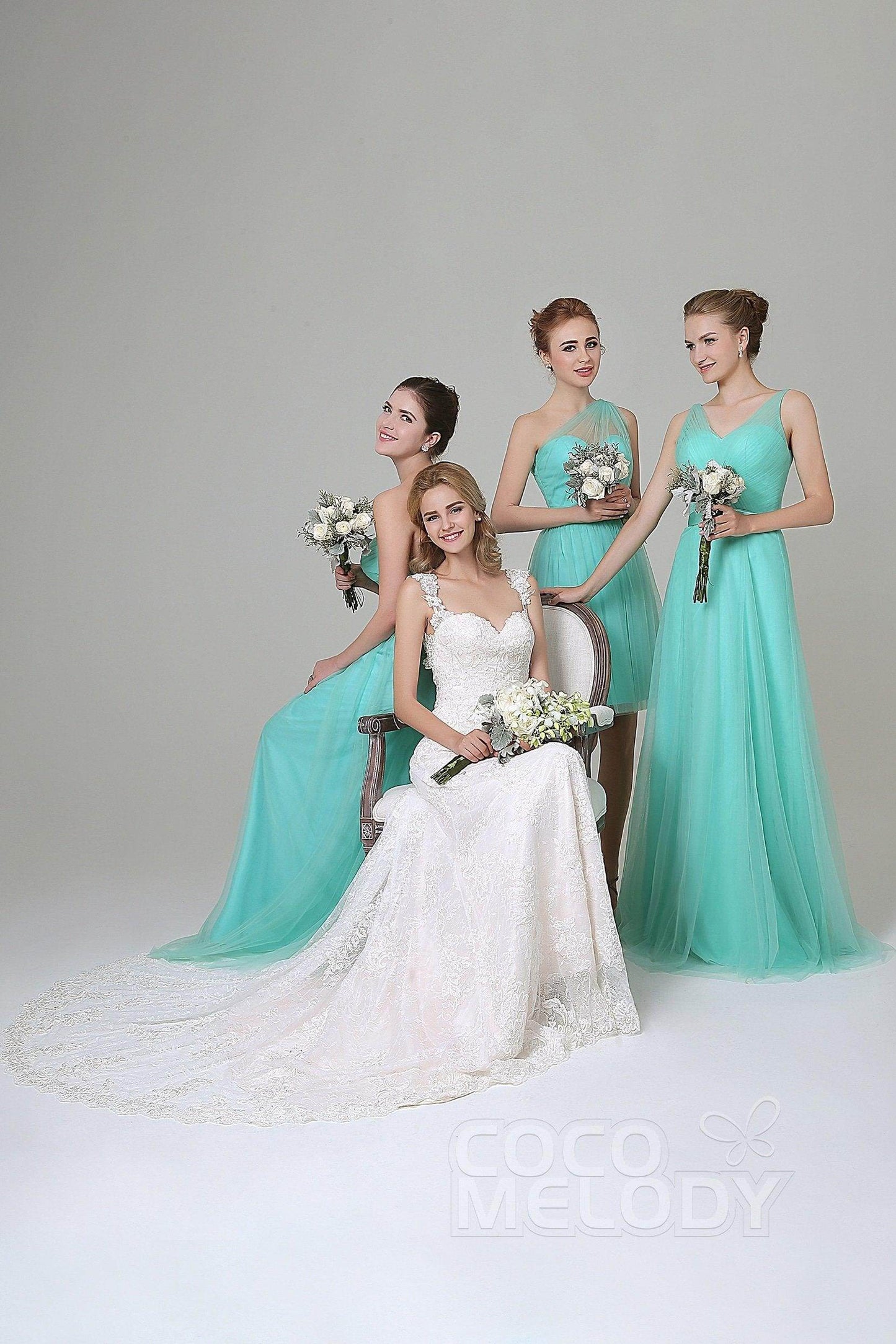 Sheath-Column Floor Length Tulle Bridesmaid Dress COZF1500F - COCOMELODY