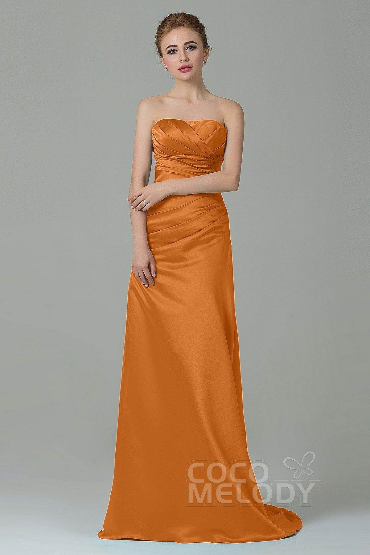 Sheath-Column Sweep Train Satin Bridesmaid Dress COZF15010 - COCOMELODY