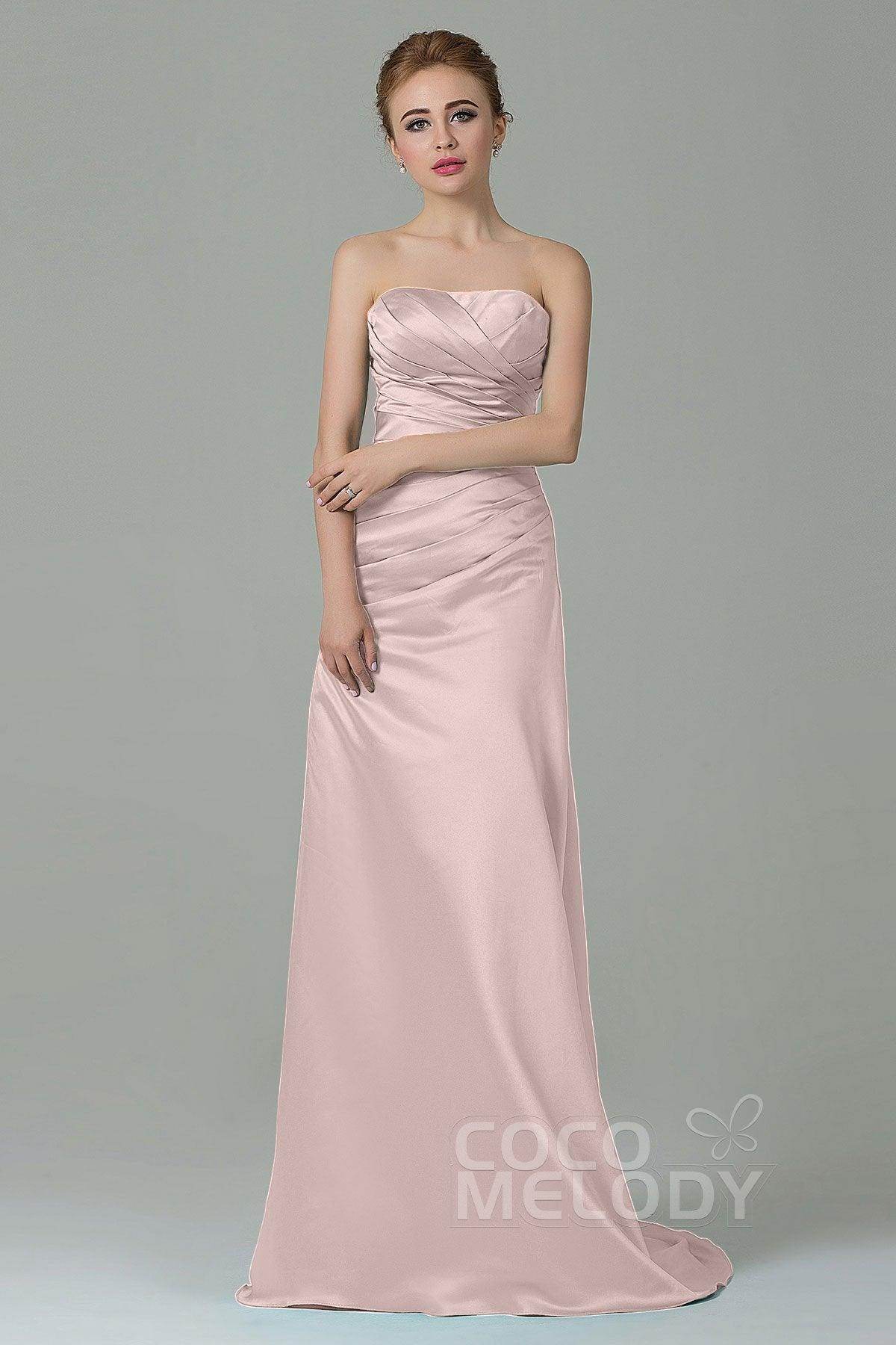 Sheath-Column Sweep Train Satin Bridesmaid Dress COZF15010 - COCOMELODY