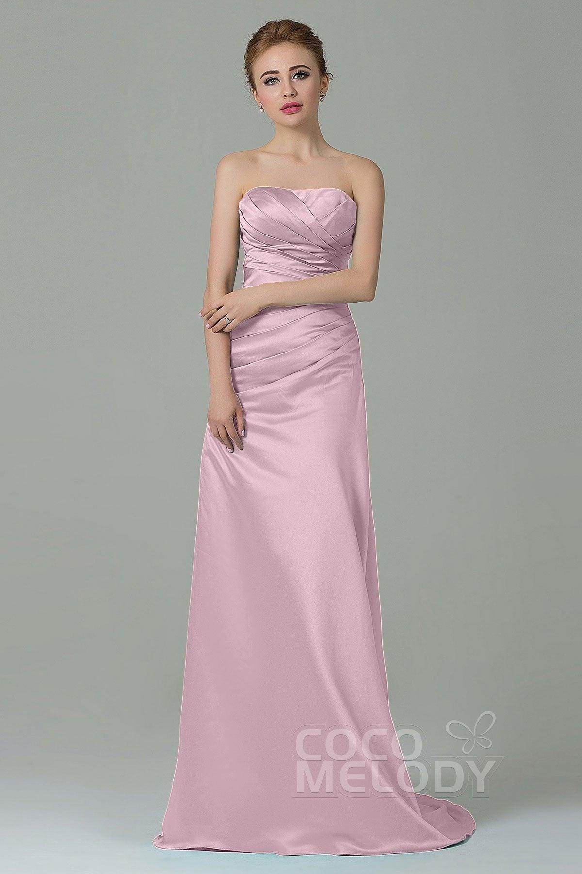 Sheath-Column Sweep Train Satin Bridesmaid Dress COZF15010 - COCOMELODY