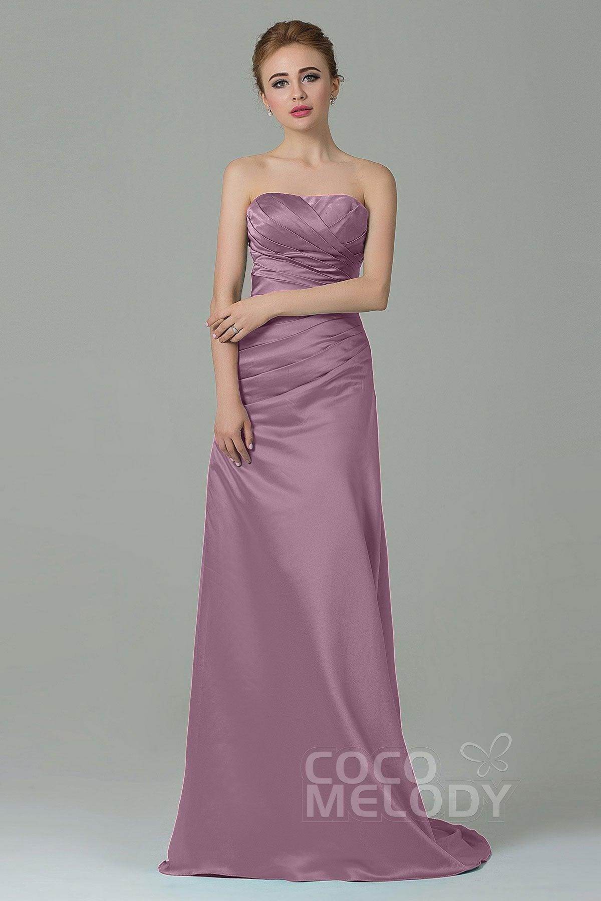 Sheath-Column Sweep Train Satin Bridesmaid Dress COZF15010 - COCOMELODY