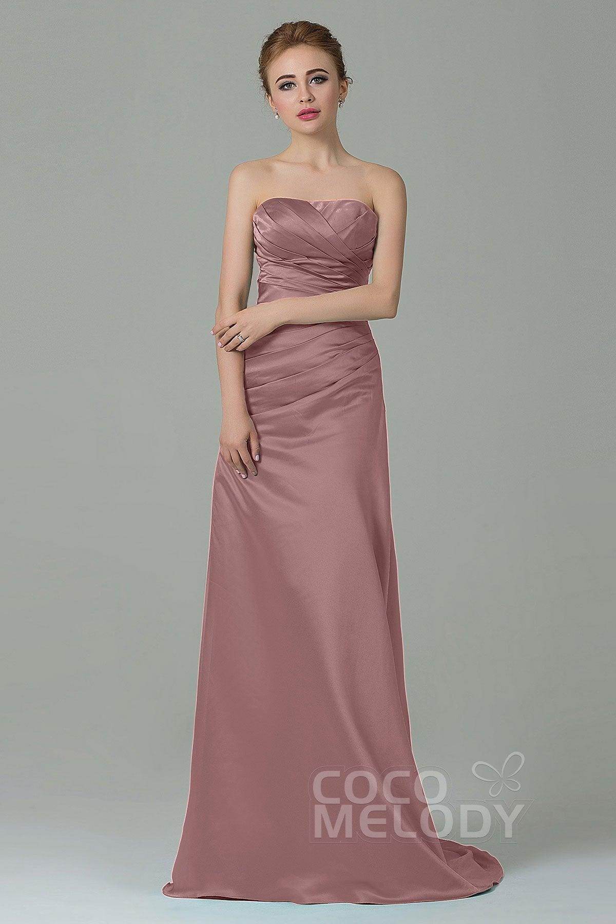 Sheath-Column Sweep Train Satin Bridesmaid Dress COZF15010 - COCOMELODY