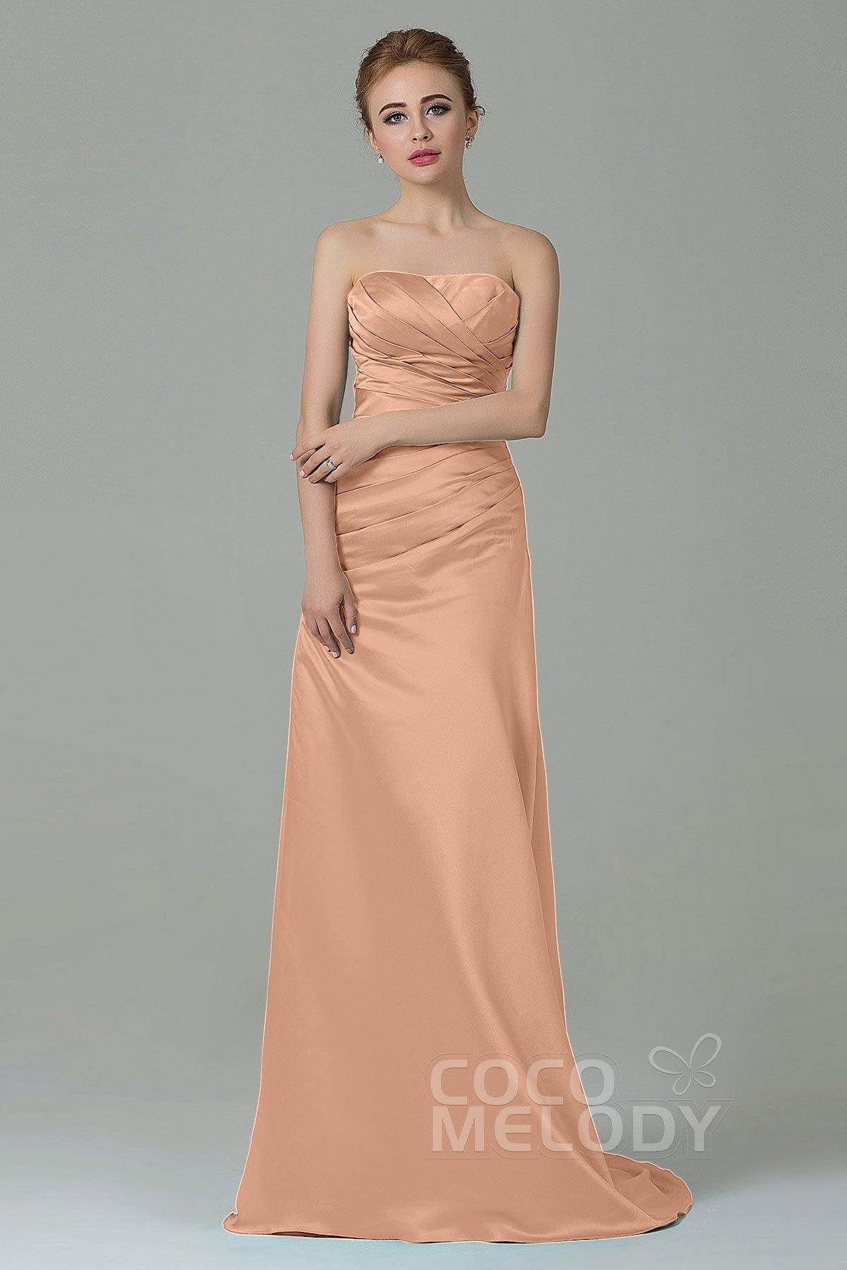 Sheath-Column Sweep Train Satin Bridesmaid Dress COZF15010 - COCOMELODY