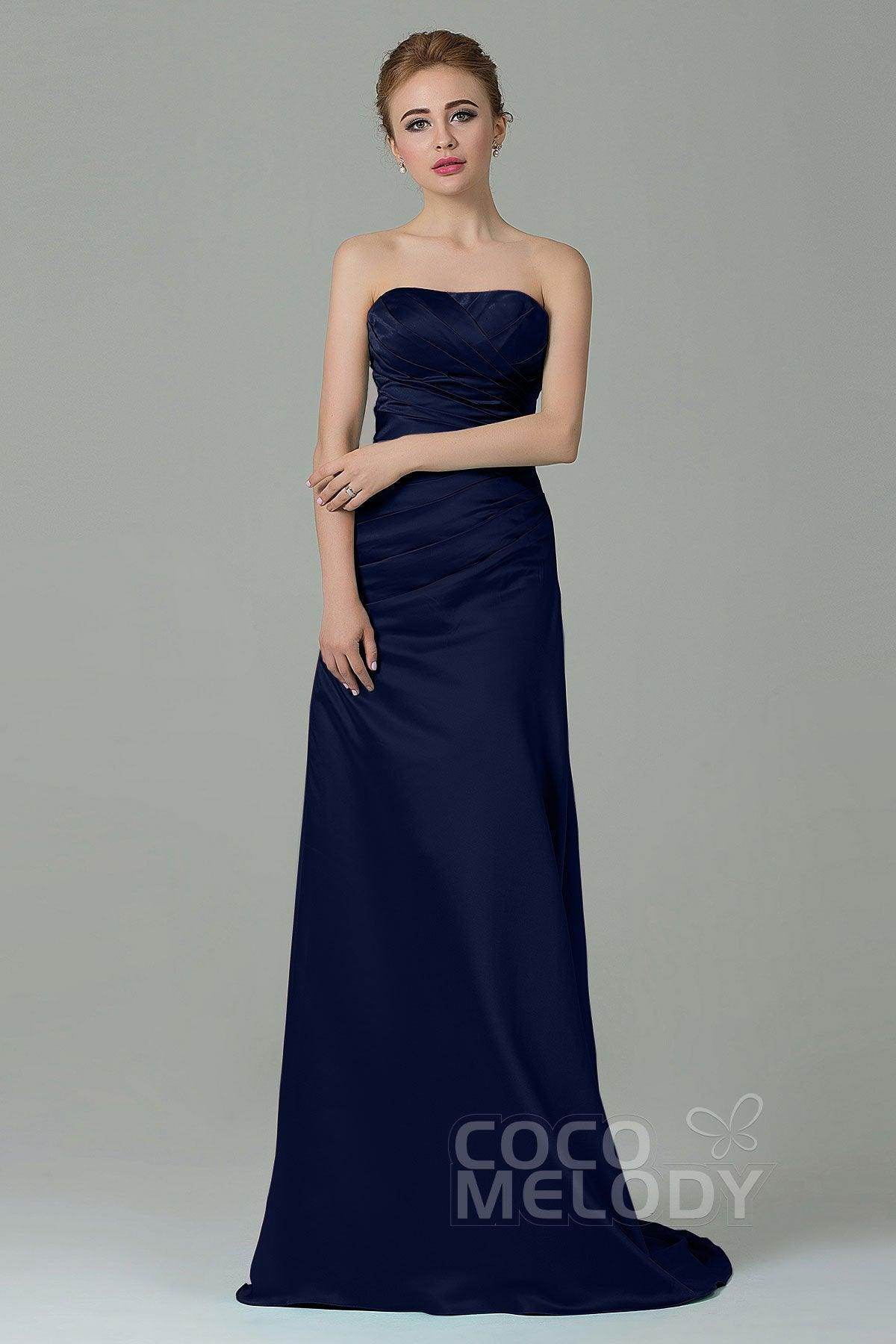 Sheath-Column Sweep Train Satin Bridesmaid Dress COZF15010 - COCOMELODY