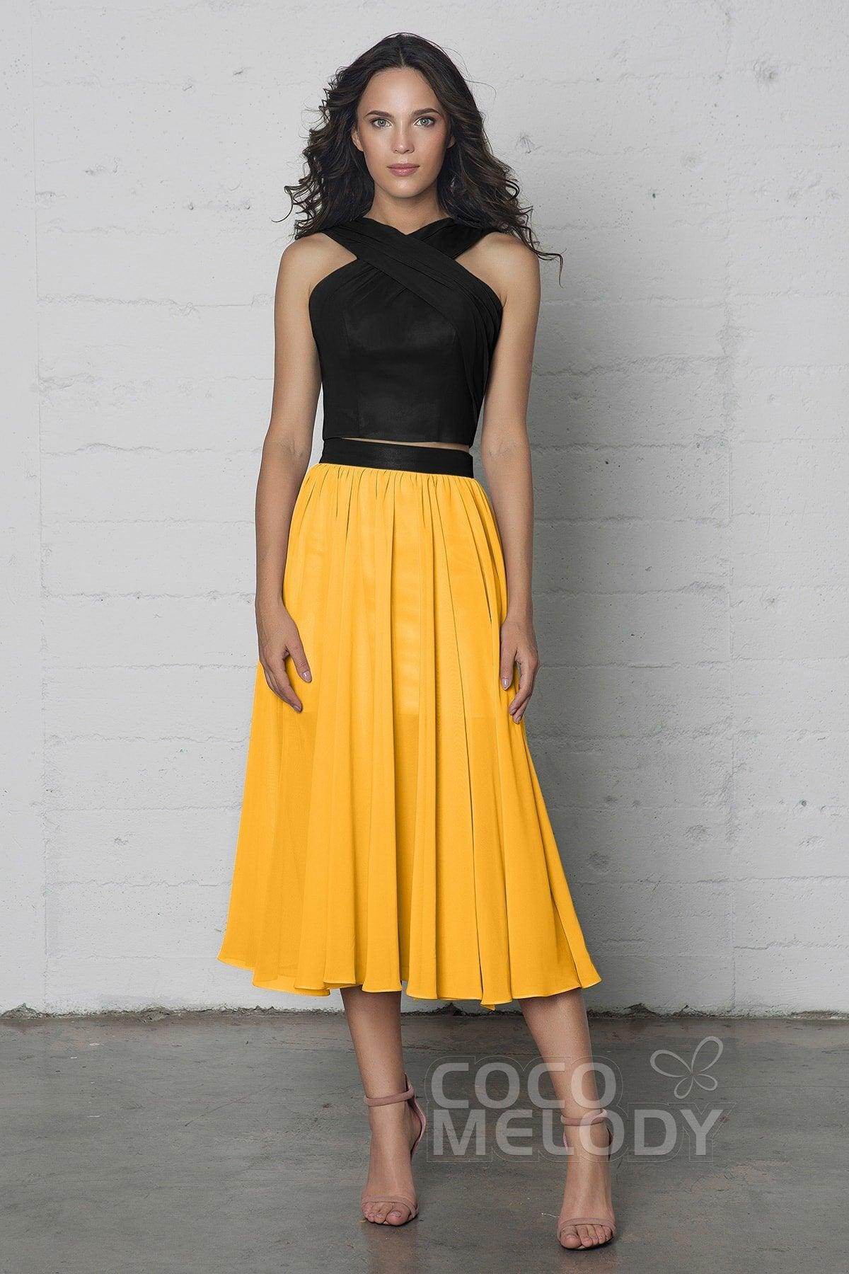 Crop top Tea Length Chiffon Bridesmaid Dress COCOMELODY COZF17005, Mulberry Crop top Tea Length Chiffon Bridesmaid Dress COCOMELODY COZF17005, Mulberry