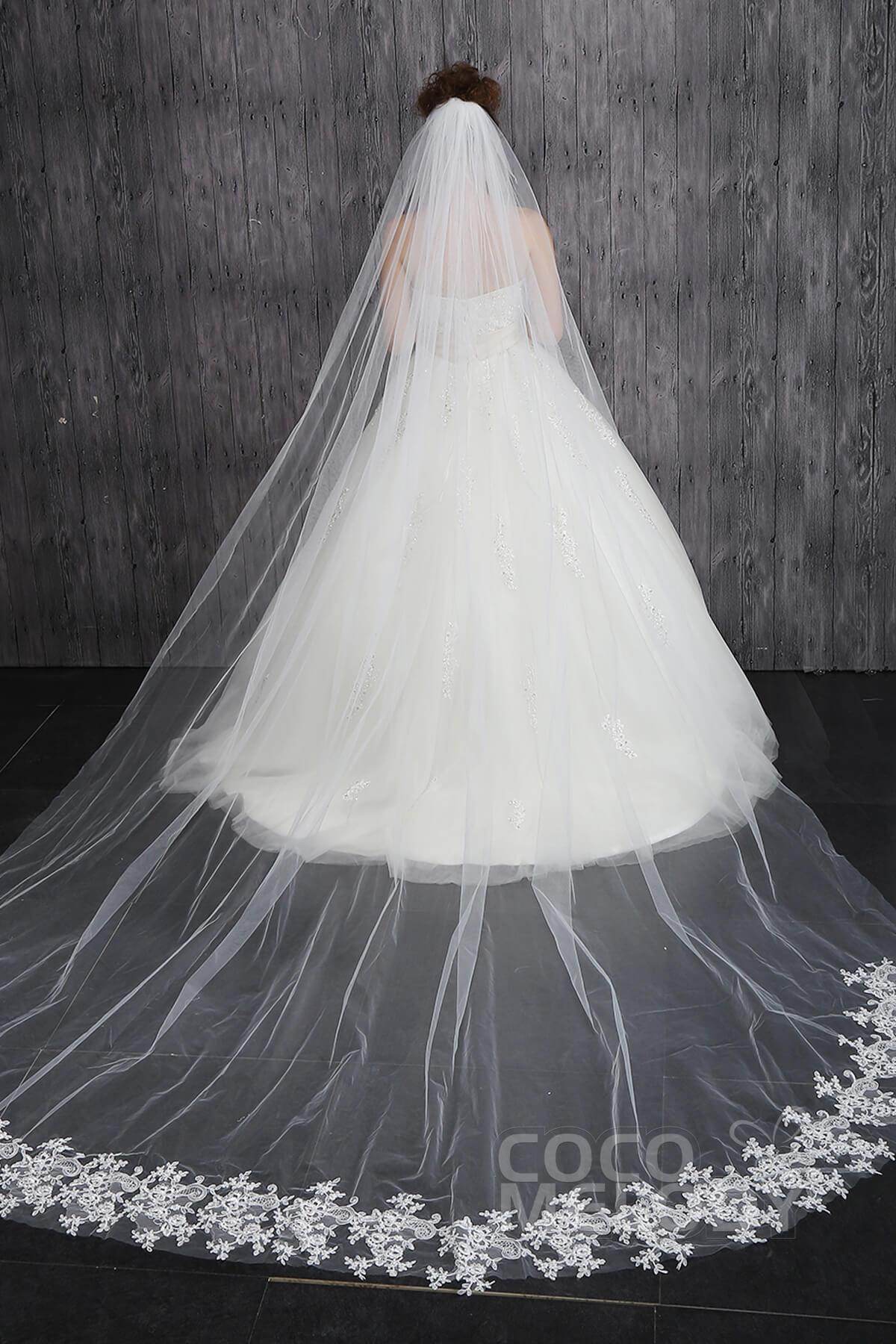 One-tier Lace Edge Tulle Appliques Cathedral Veils CV001500A - COCOMELODY