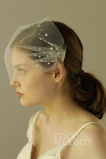 One-tier Cut Edge Tulle Blusher Veils with Beading CV0240 - COCOMELODY