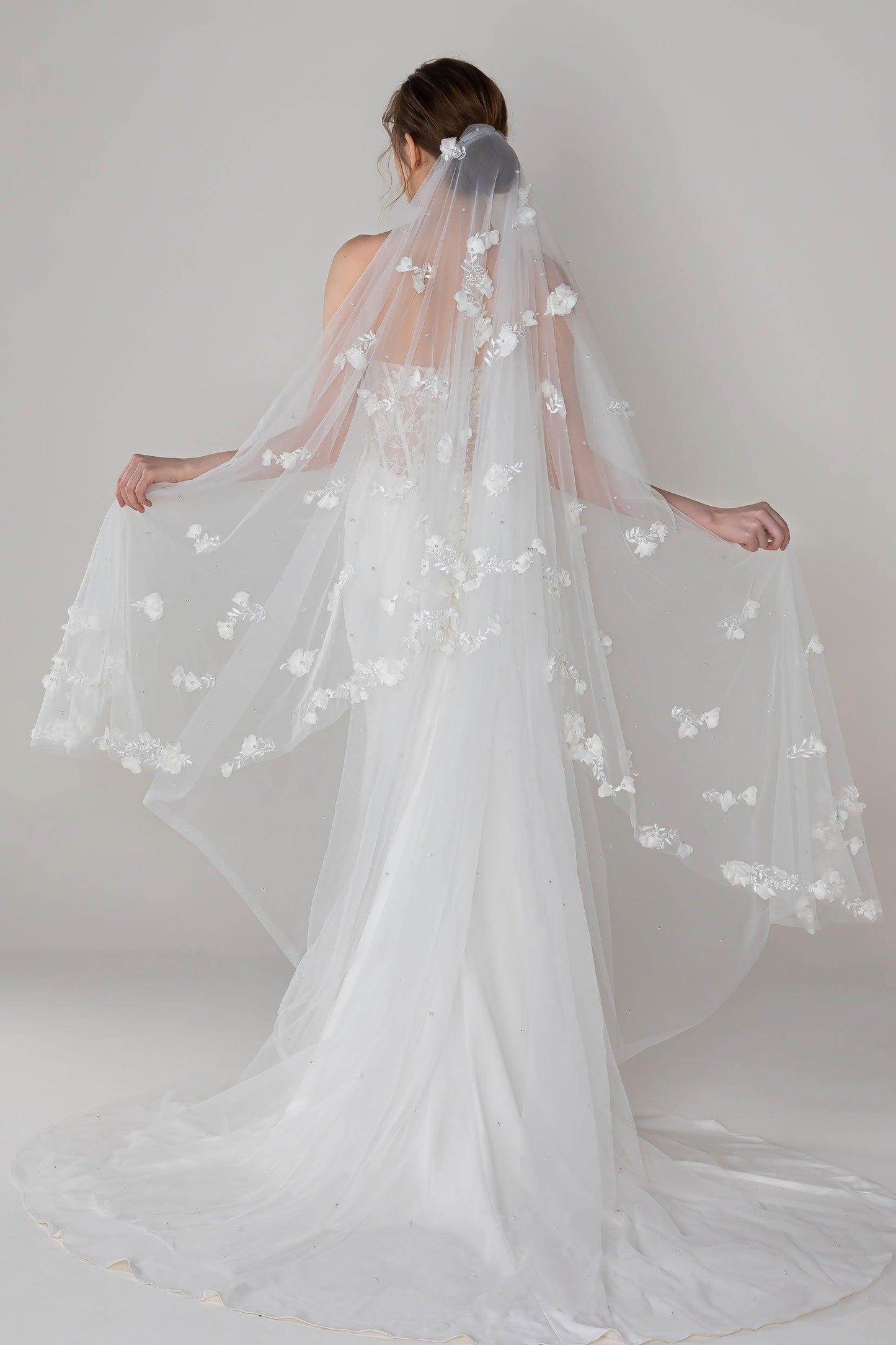 One-tier Cut Edge Tulle Cathedral Veils with Flower Beading CV0284 - COCOMELODY