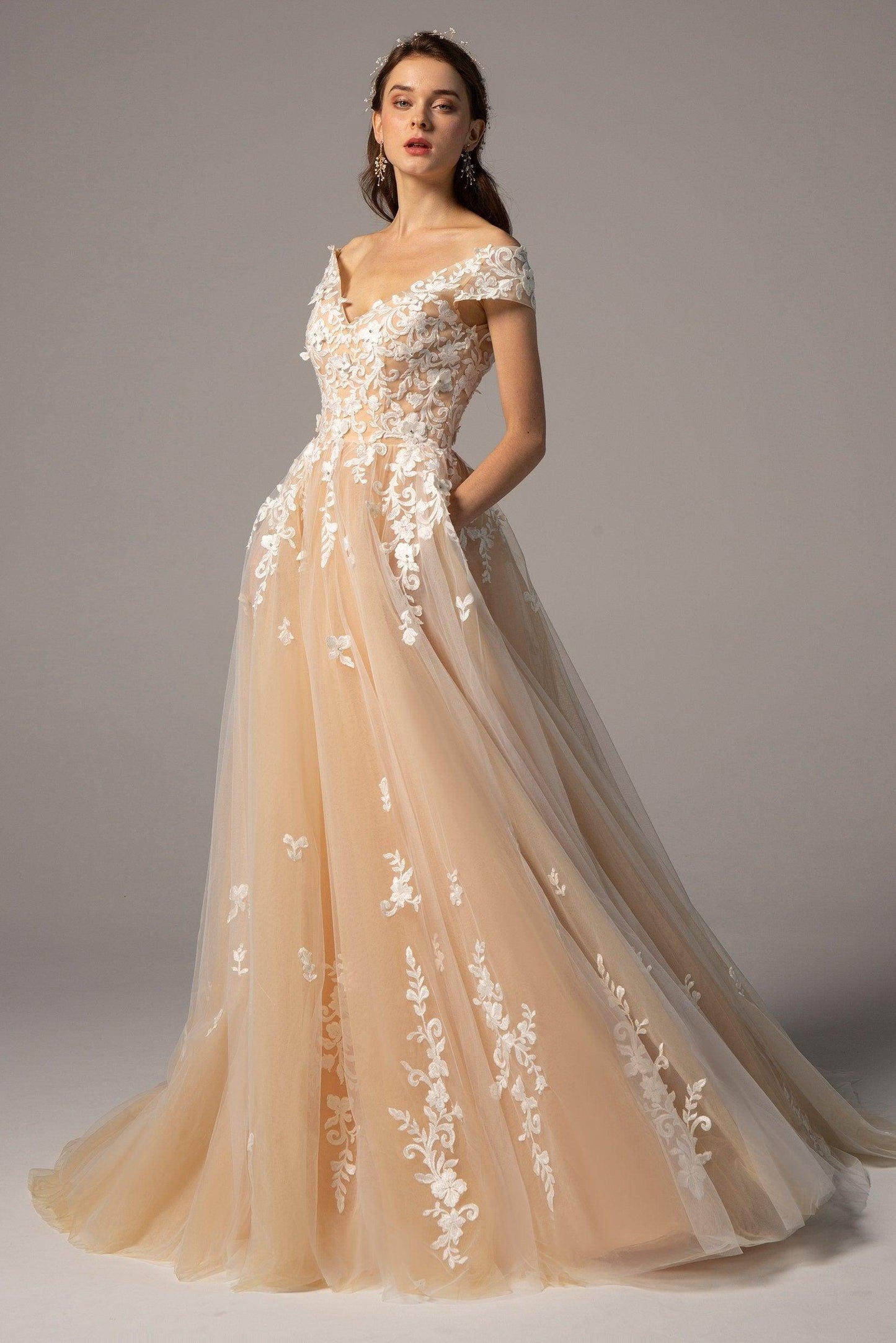 A-Line Court Train Tulle Elastic Satin Wedding Dress CW2327 - COCOMELODY