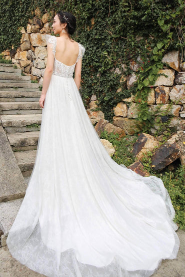 A-Line Court Train Lace Wedding Dress CW2378 - COCOMELODY