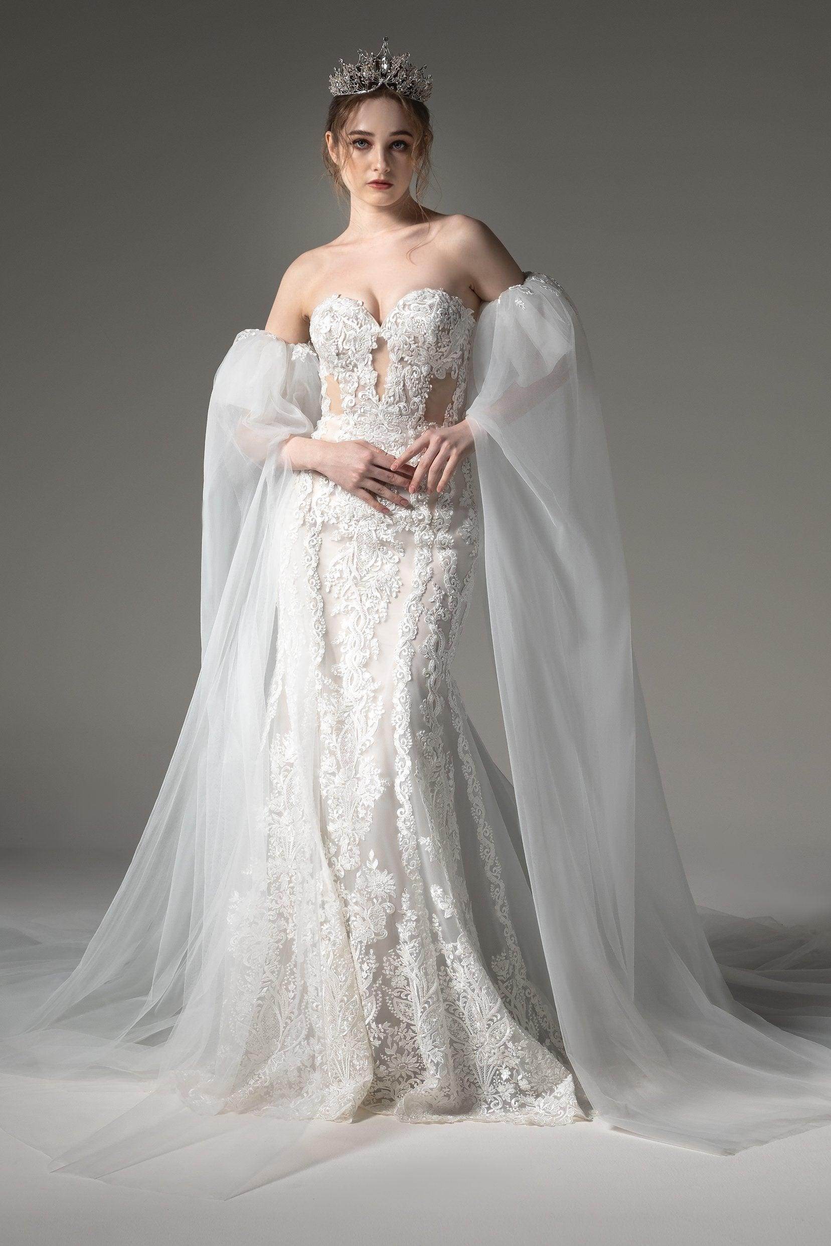 Gothic Sweetheart Cathedral Train Appliques Tulle Wedding Dress