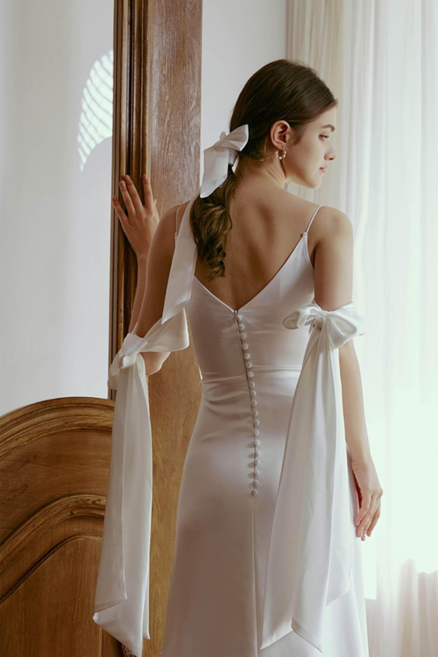 Sheath-Column Sweep-Brush Train Satin Wedding Dress CW2669 - COCOMELODY