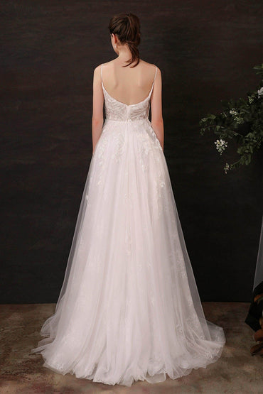 A-Line Sweep-Brush Train Lace Tulle Wedding Dress CW2684 - COCOMELODY