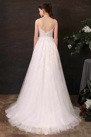 A-Line Sweep-Brush Train Lace Tulle Wedding Dress CW2685 - COCOMELODY